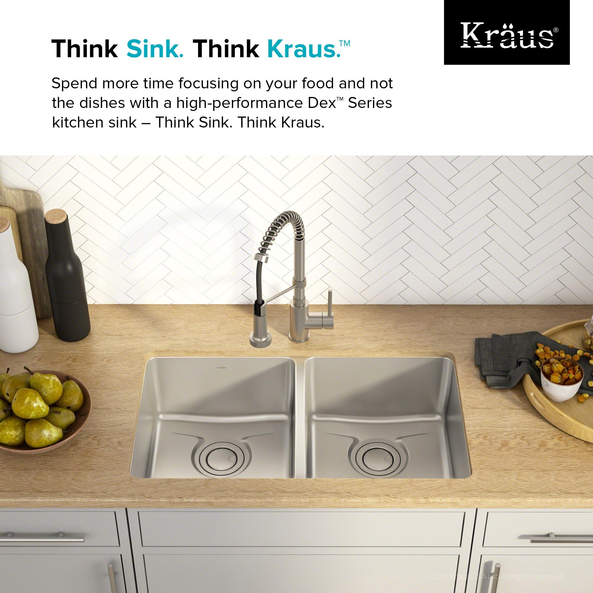 Dex™️ Series KRAUS 33-inch L Undermount 50/50 Double Bowl TRU16 Gauge Stainless Steel Kitchen Sink with DrainAssure WaterWay