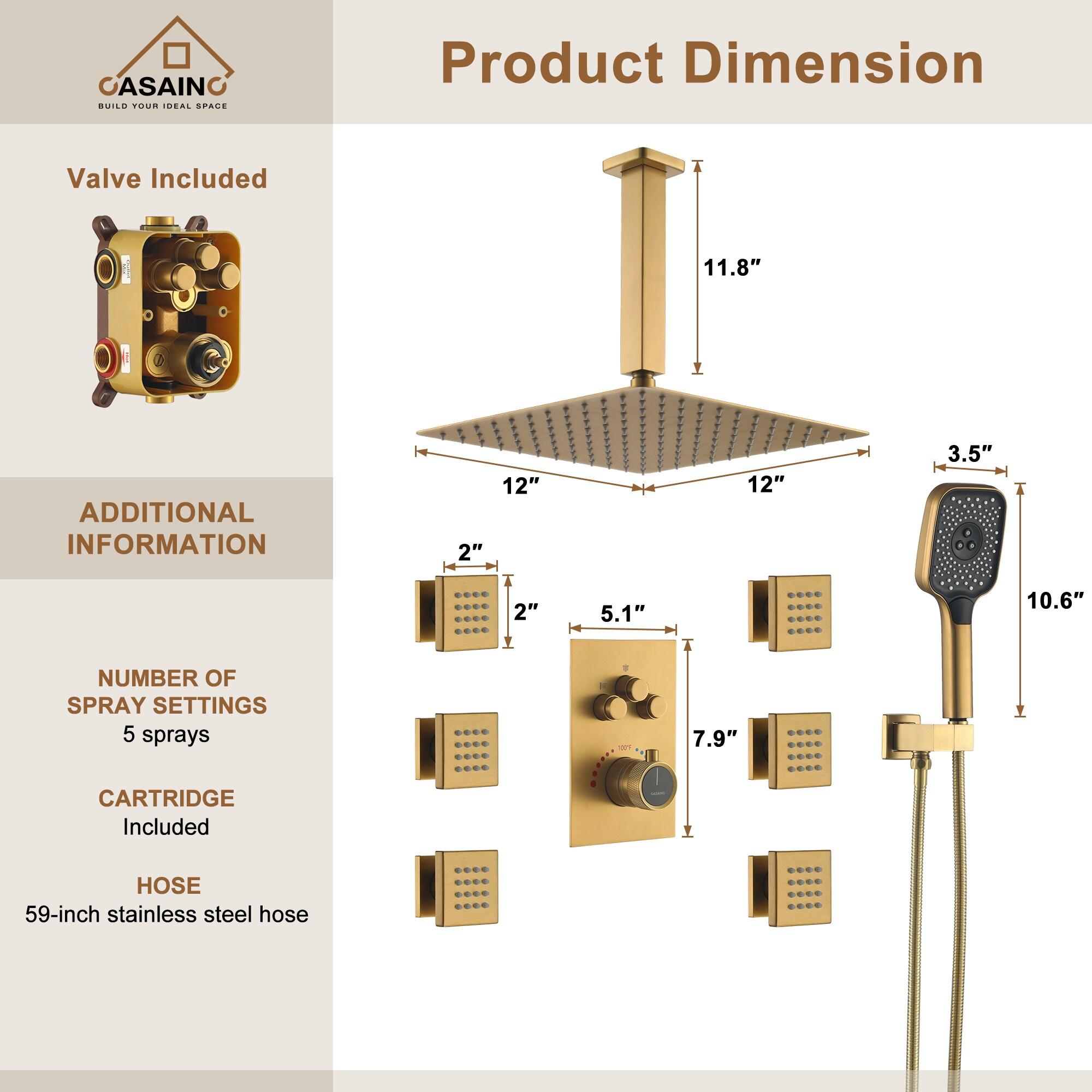 Revitalize 3-Function 12 Inch Ceiling Mount Rainfall Thermostatic Shower System with 6 Body Jets