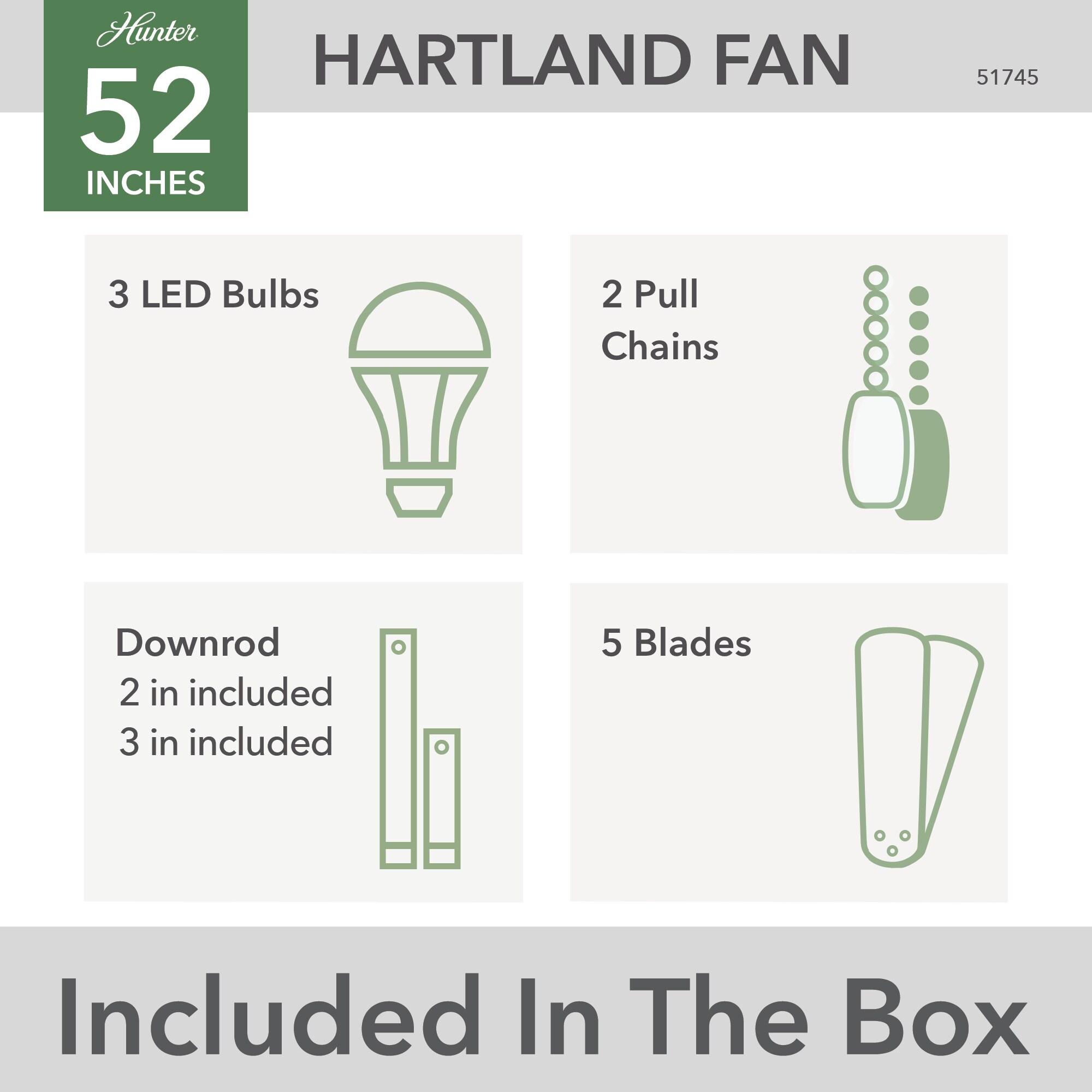 Hunter - Hartland Indoor Ceiling Fan With Light, 52-inch, Matte Black, Casual-style, 3-speed WhisperWind Motor, 51745, for living rooms, bedrooms, home offices, kitchens