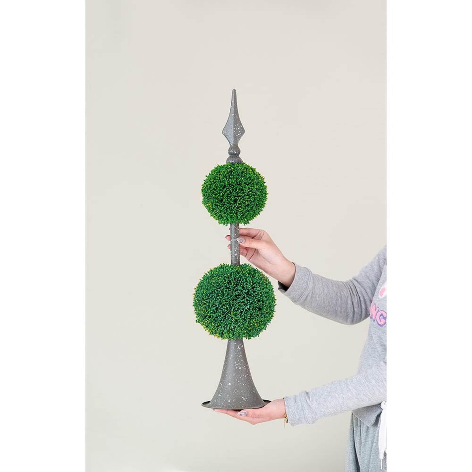 A&B Home Boxwood Ball Topiary with Metal Finial Stand Double Sphere 26 Inch Tall Indoor Outdoor House Decoration