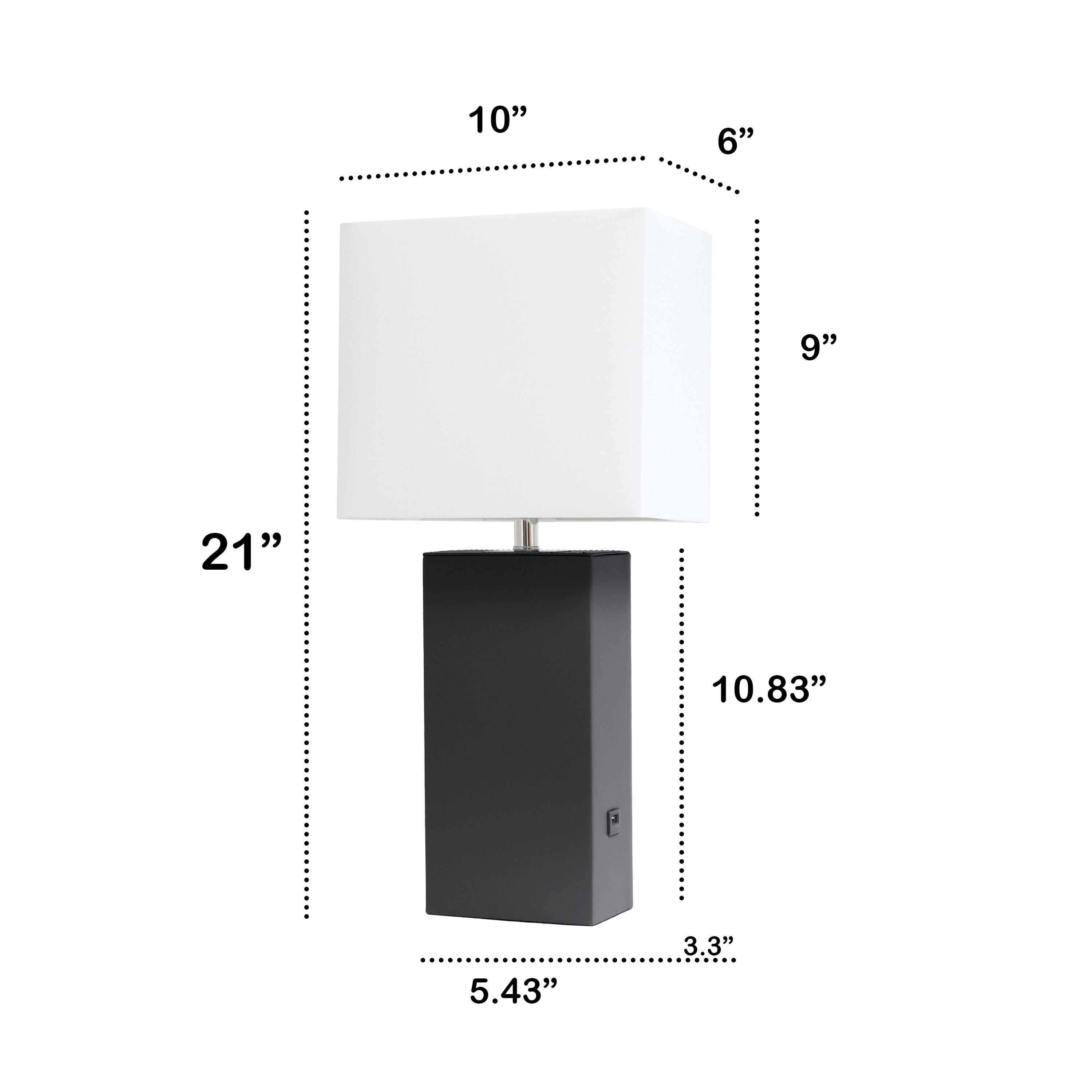 Lalia Home 21" Lexington Leather Base Modern Home Decor Bedside Table Lamp with USB Charging Port and Fabric Shade Black/White: UL Listed