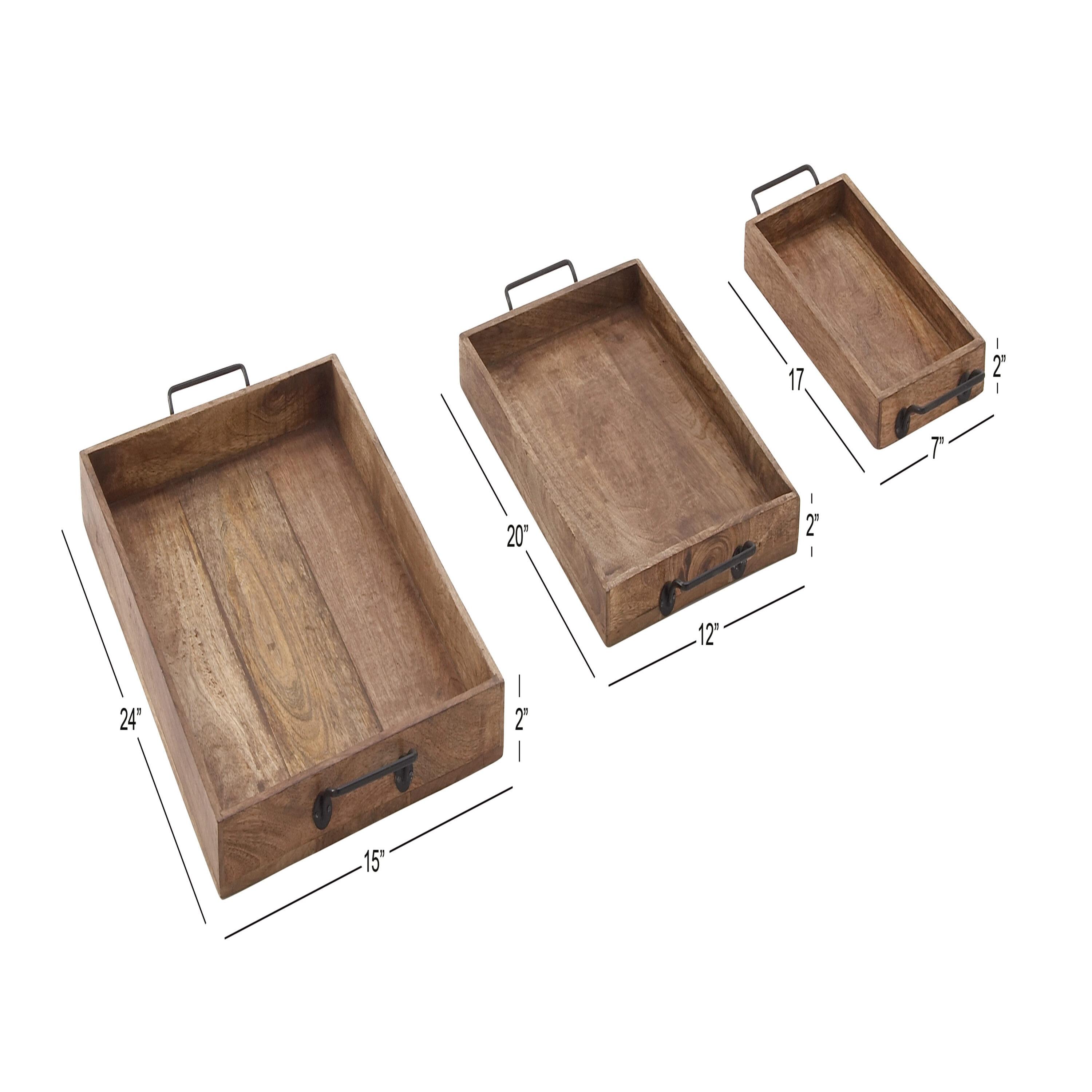 Set of 3 Farmhouse Slat Style Mango Wood and Iron Trays Brown - Olivia & May: Ottoman, Basket Design, 24-Inch