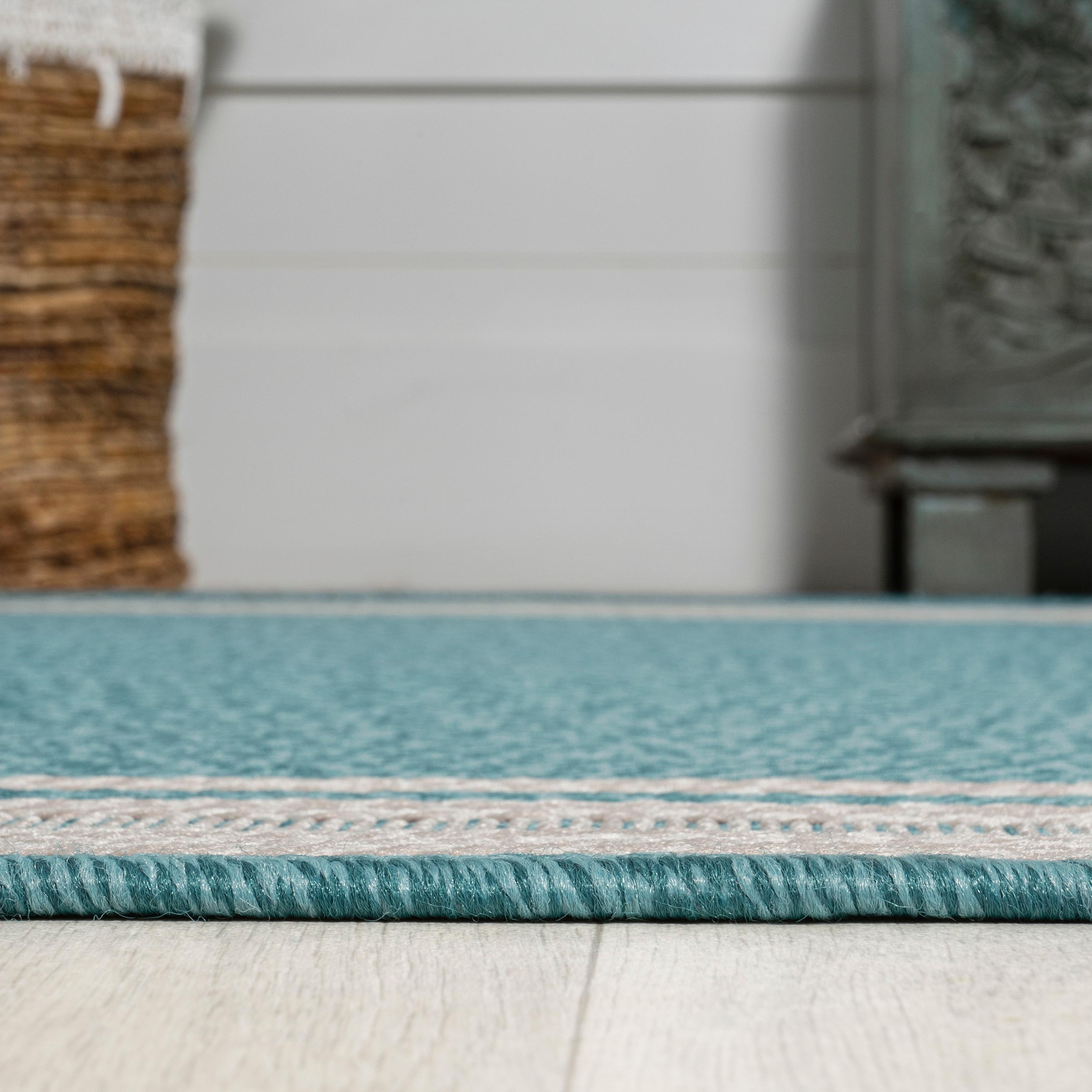 2' x 8' James Modern Border Stripe Indoor/Outdoor Runner Rug, Aqua/Beige - JONATHAN Y