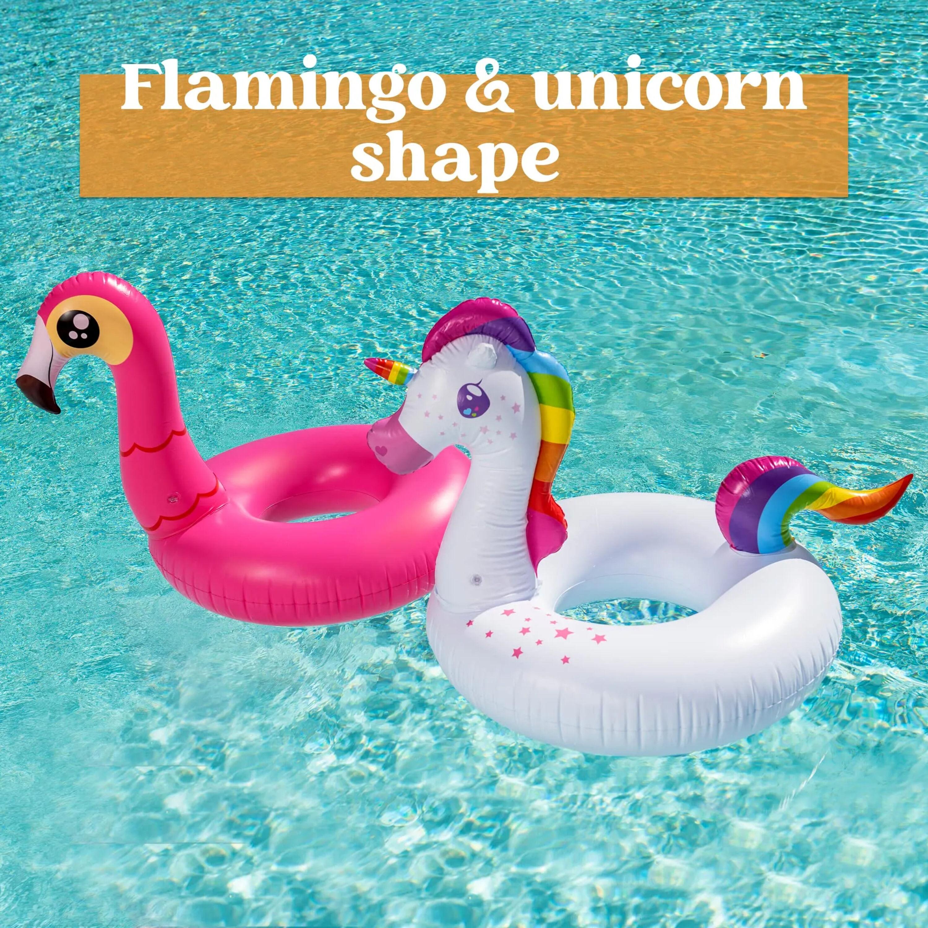 Joyfy 2 Packs Pool Floats Tube, Inflatable Unicorn Flamingo Pool Toys Floaties with Headrest, Pool Swim Ring for Kids Adults Beach Lake Summer Fun