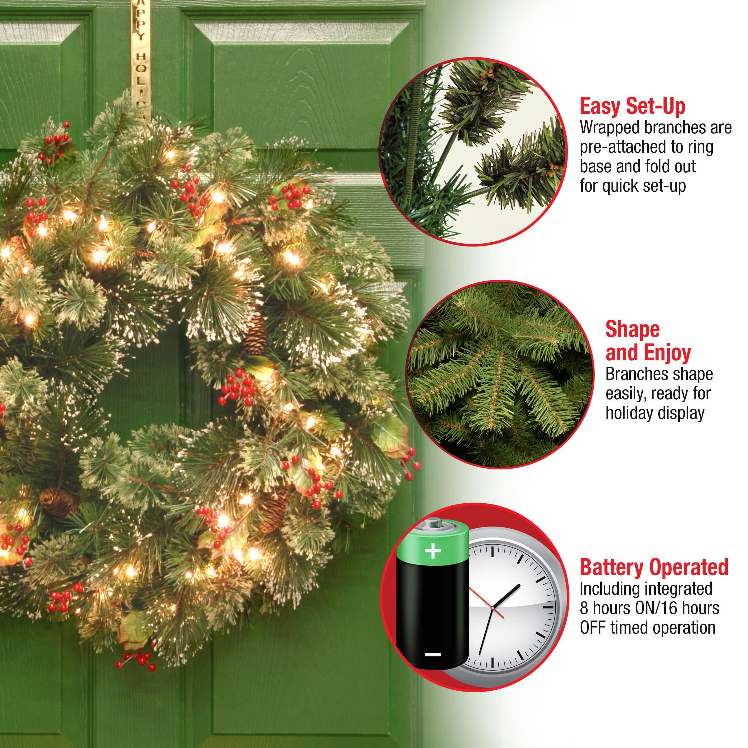 24" Prelit Wintry Pine Christmas Wreath with Cones and Berries White Lights - National Tree Company