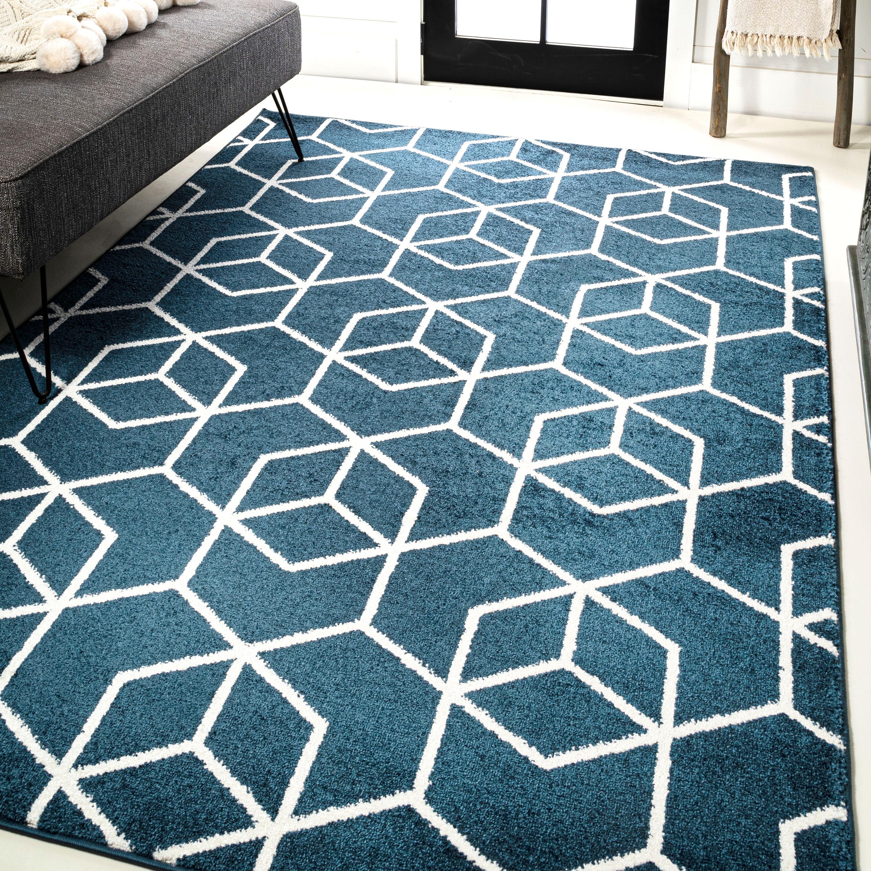 8'x10' Tumbling Blocks Modern Geometric Area Rug, Navy/White - JONATHAN Y