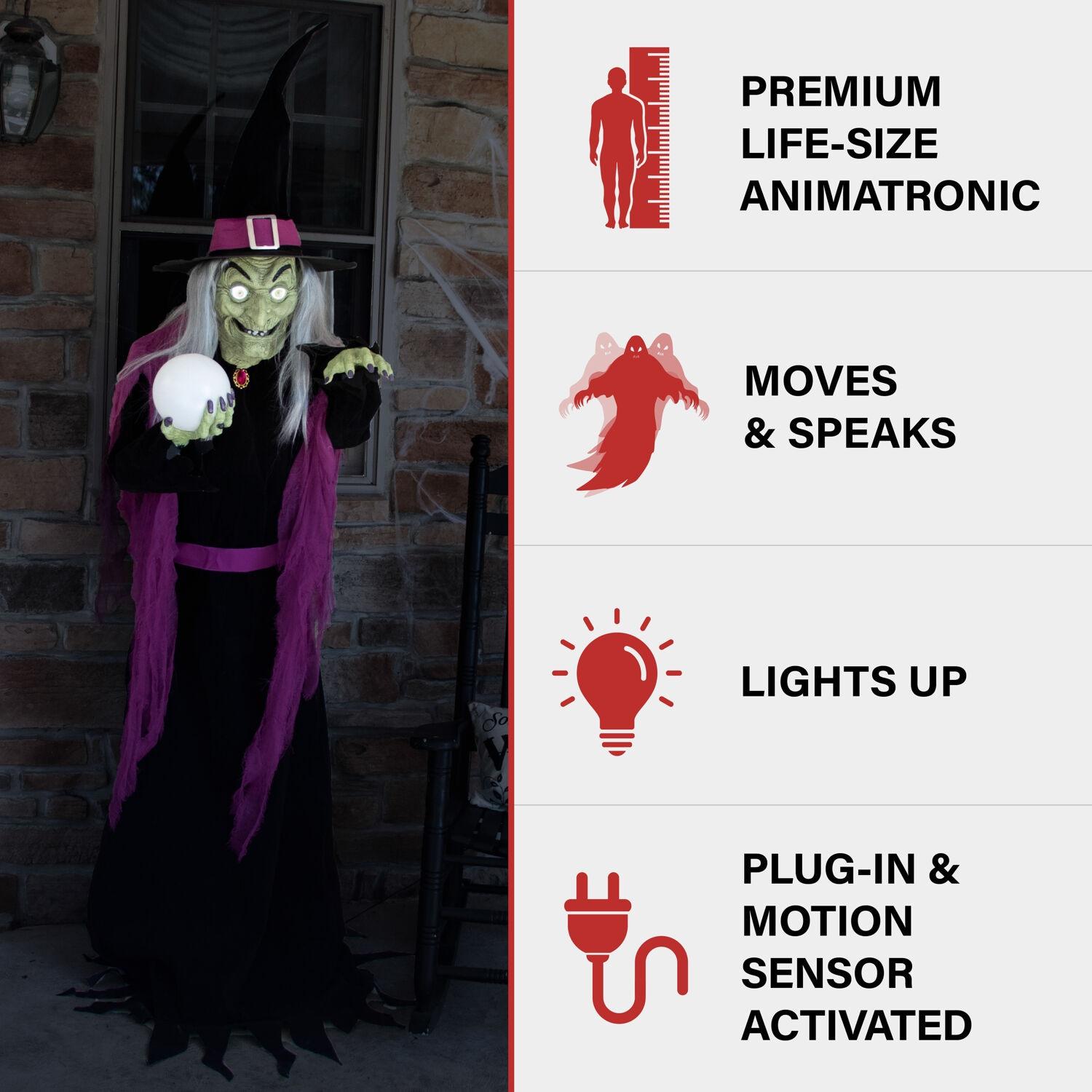 Haunted Hill Farm Haunted Hill Farm 6-Ft. Tall Fortune Teller Witch, Plug-In Motion-Activated Talking Halloween Prop