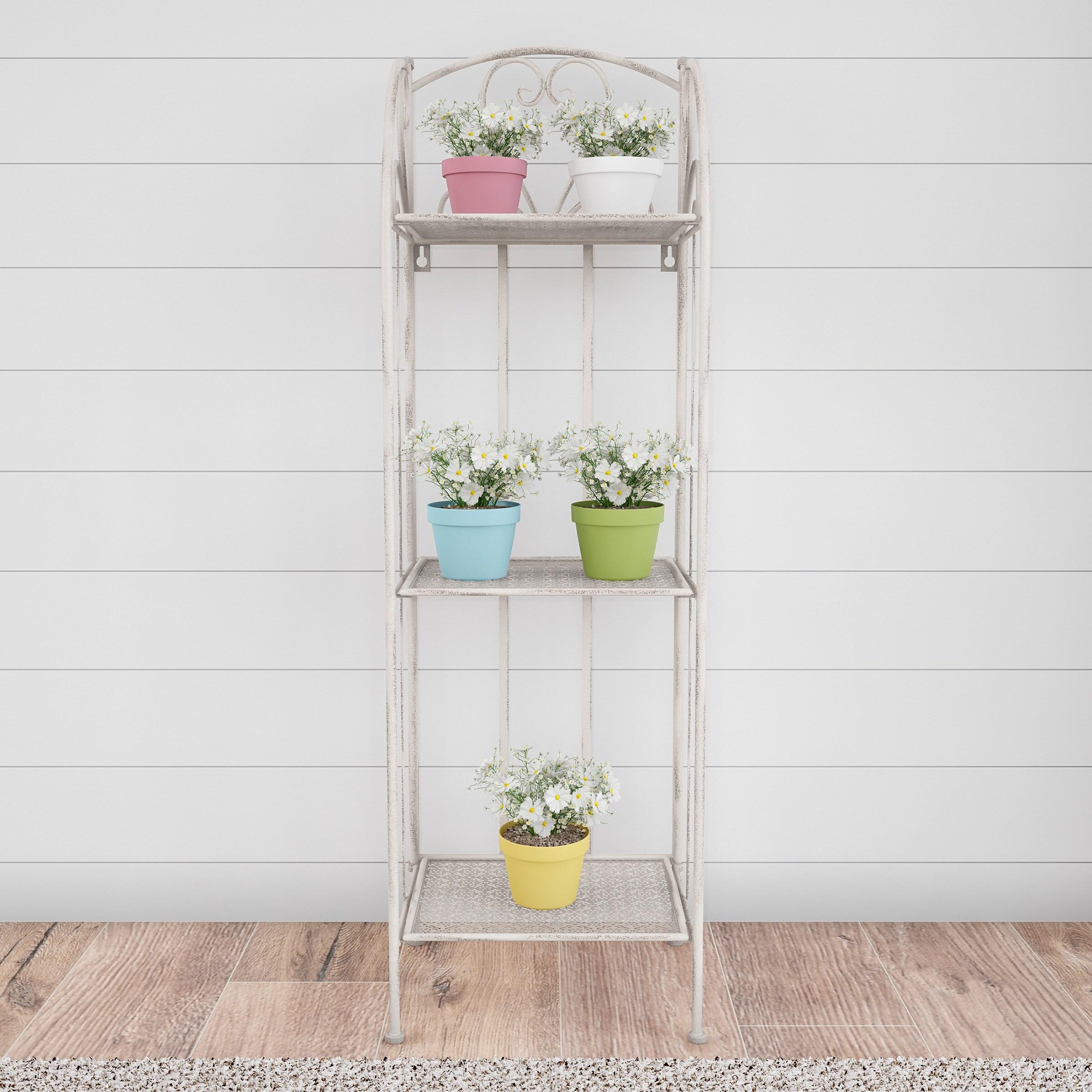 Nature Spring 3-Tier Indoor/Outdoor Garden Plant Stand With Vertical Folding Wrought Iron Shelves - Antique White