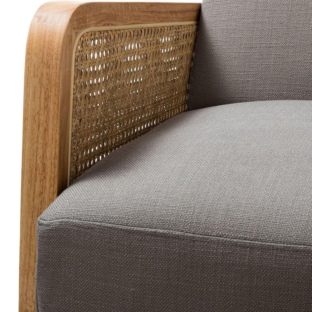 Farmhouse Accent Chair Rattan Armrests Fabric Upholstered Wooden Reading Armchair Living Bedroom Pewter