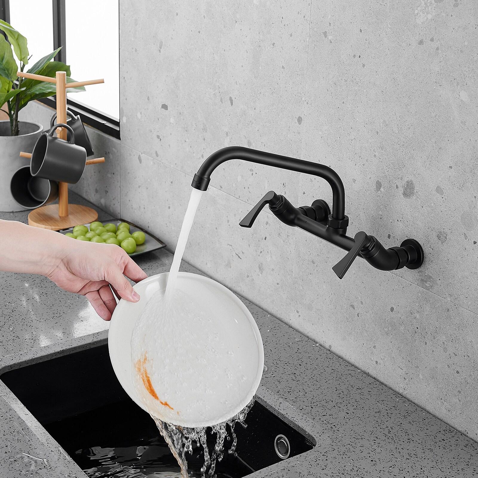 BWE Double-Handles Commercial Sink Faucet with 8" Swivel Spout Wall Mount Standard Kitchen Faucet