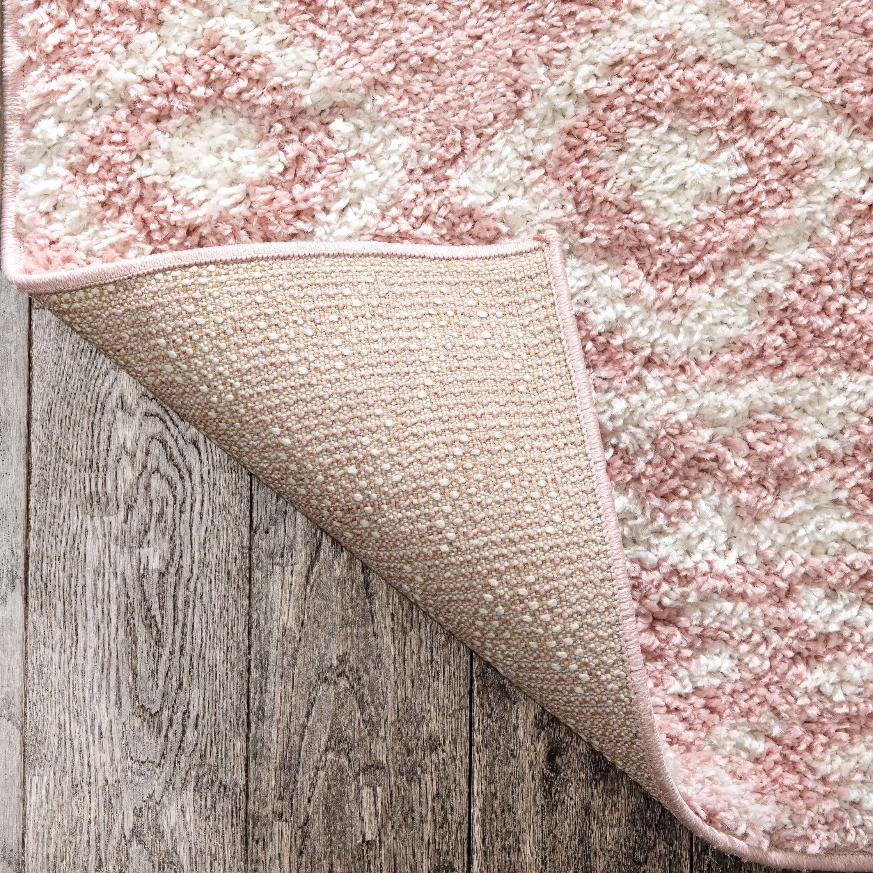 Well Woven Diamond Stripes Shag Blush Cozy 1" Thick 2'7" x 9'10" Runner Pink Area Rug