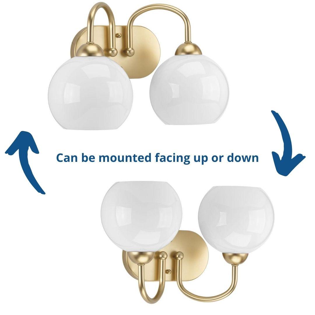 Progress Lighting Carisa Collection 2-Light Bath Wall Light, Vintage Gold, White Glass Globes