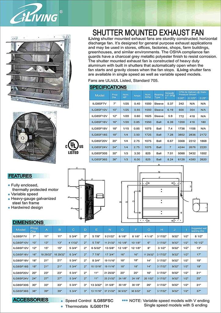 iLIVING ILG8SF12V - 12" Wall Mounted Exhaust Fan - Automatic Shutter - Variable Speed - Vent Fan For Home Attic, Shed, or Garage Ventilation, 960 CFM, 1400 SQF Coverage Area ( Power Cord Not Included)