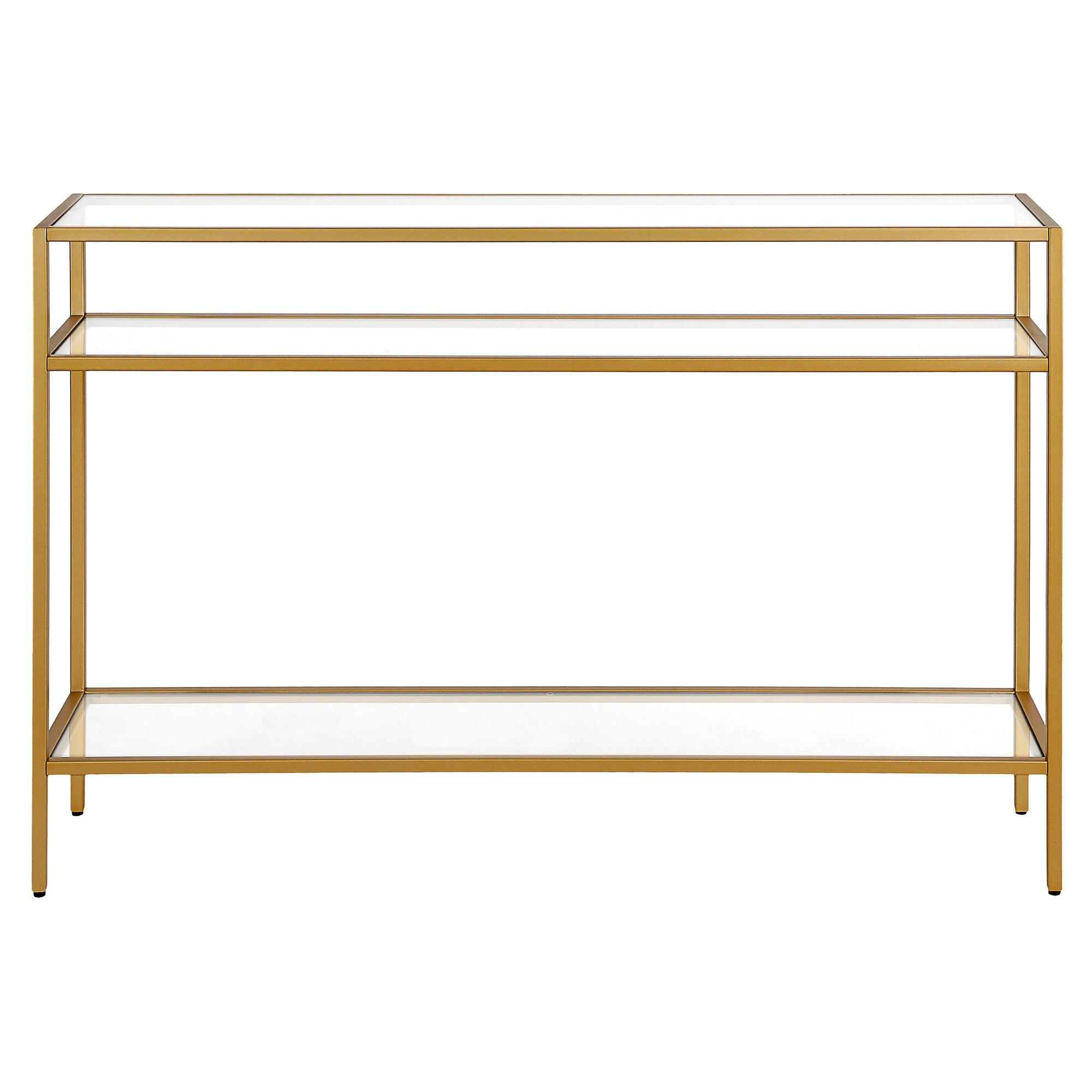 Siviline Brass Finish Steel Frame Console Table with Glass Shelves