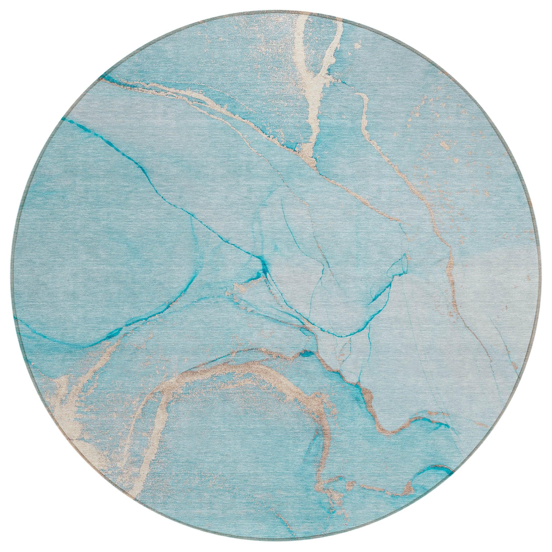 Teal Synthetic Round Machine-Washable Area Rug with Non-Skid Backing