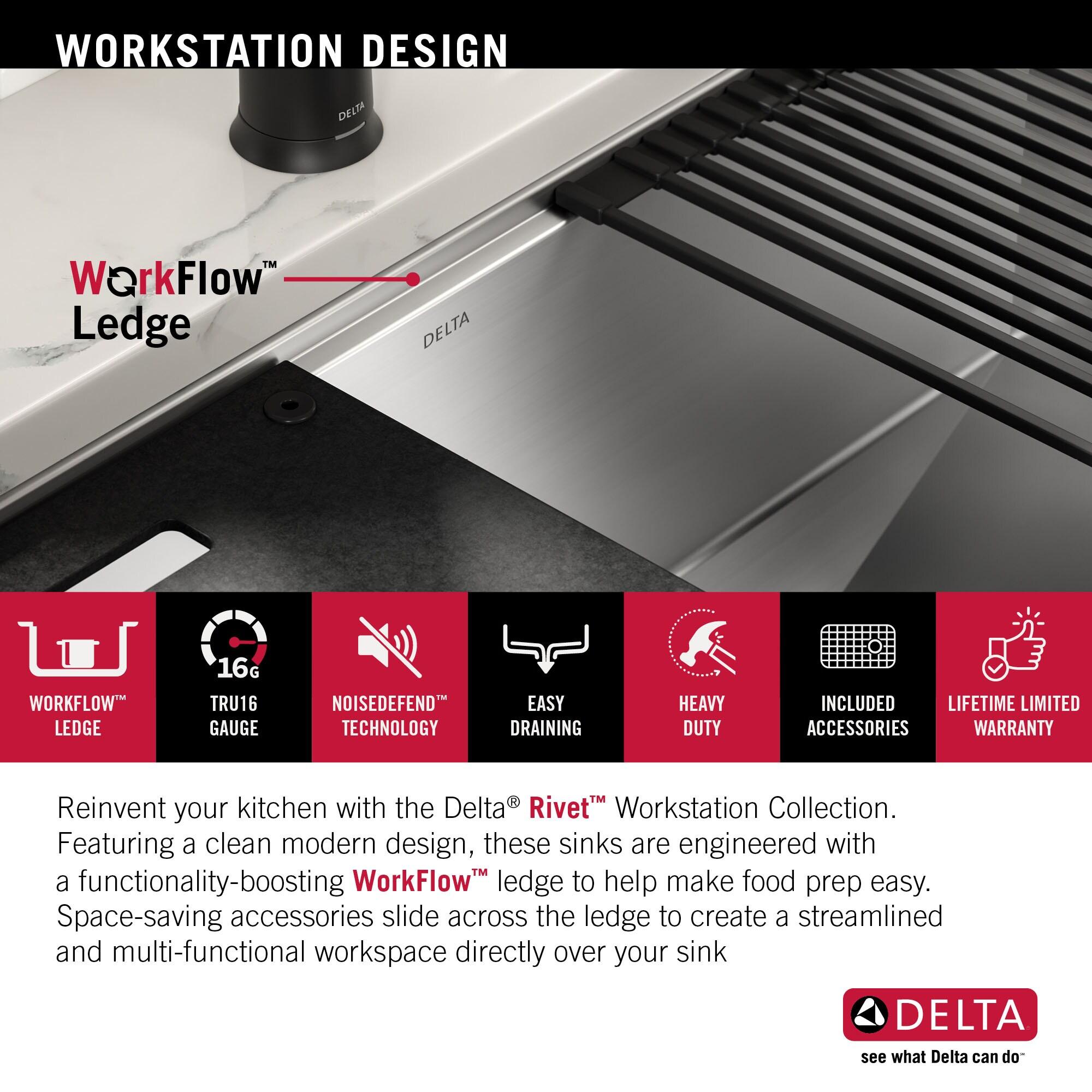 Delta Rivet™ 27" L Workstation Kitchen Sink Undermount 16 Gauge Stainless Steel Single Bowl with WorkFlow™ Ledge