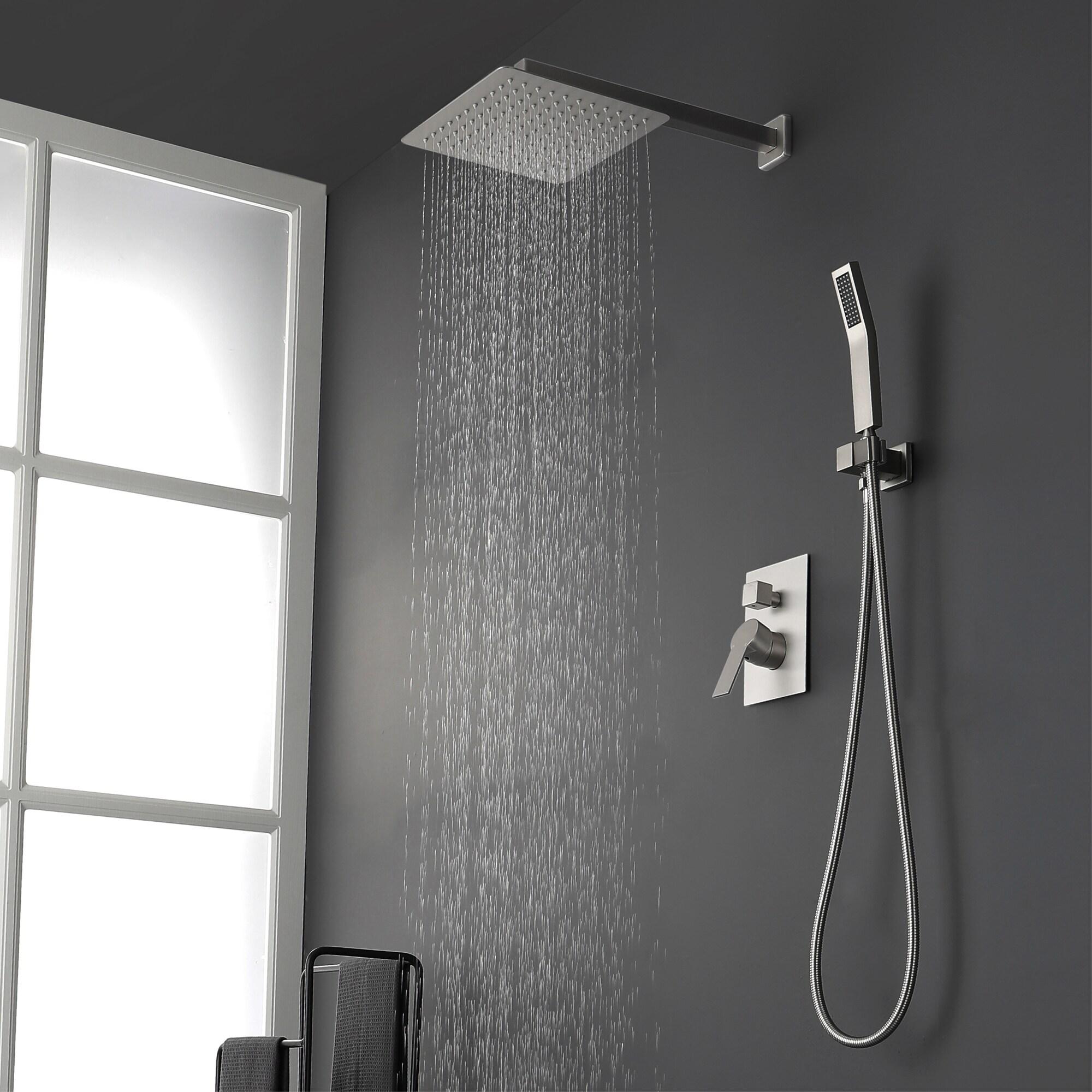 AWZTOO Wall Mounted Shower Faucet With Hand Shower Modern Shower System Set 10 Inch Rainfall Shower Head With Pressure Balance Valve Brushed Nickel