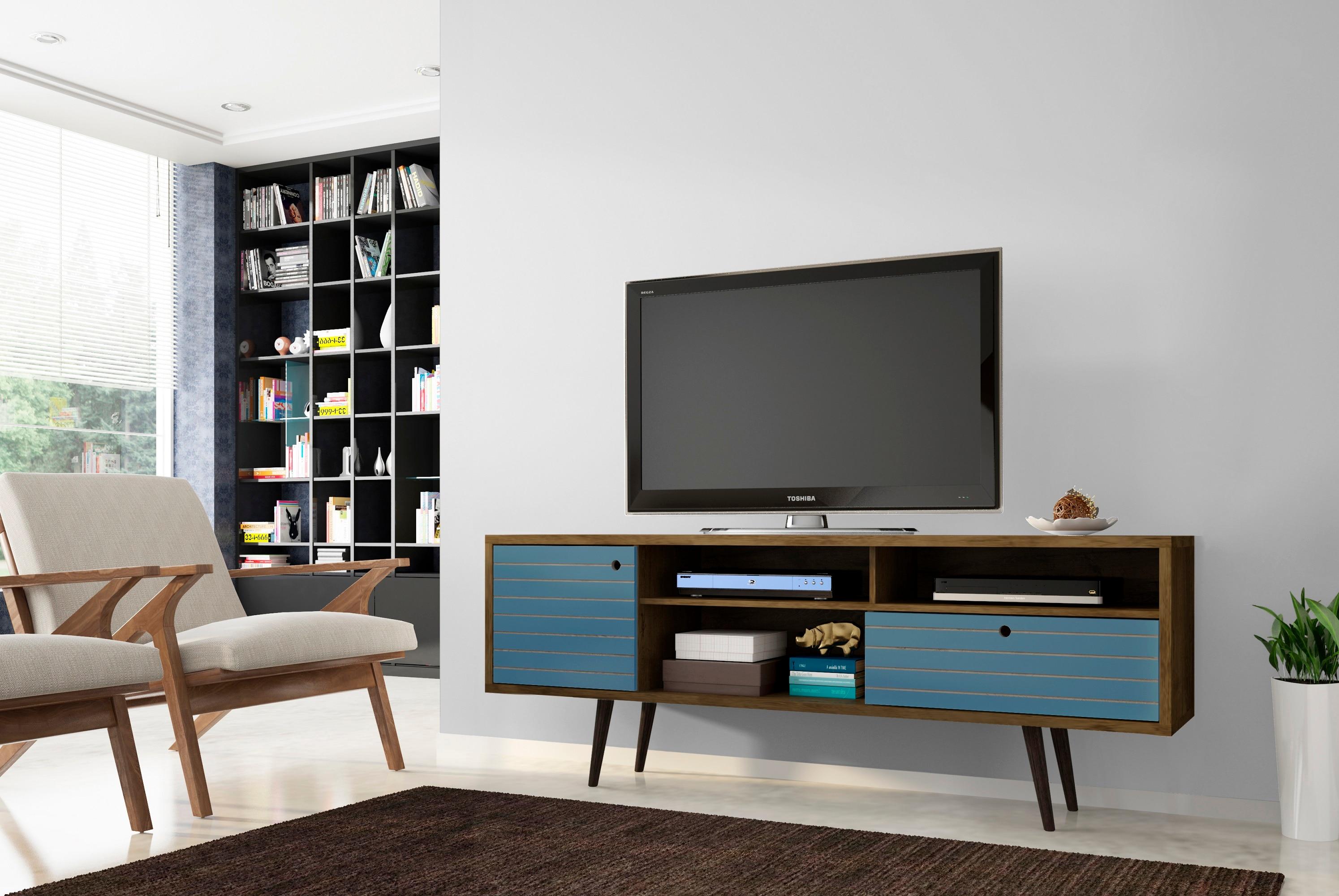 Liberty 3 Shelf and 1 Drawer TV Stand for TVs up to 65" Rustic Brown/Aqua Blue - Manhattan Comfort: Entertainment Center with Cable Management
