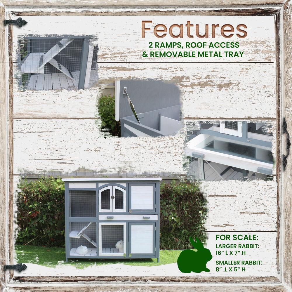 Hanover Outdoor Wooden 2-Story Rabbit Hutch with 2 Ramps, Wire Mesh Run and Removable Tray 4 Ft. W x 1.6 Ft. D x 3.4 Ft. H