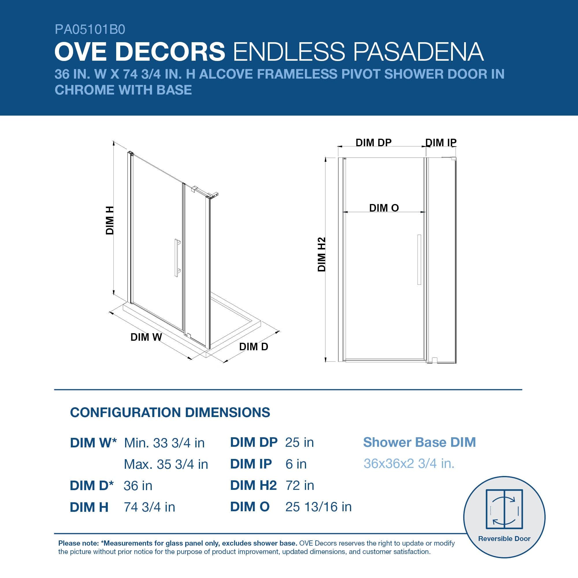 Endless Pasadena 40" W x 72" H Alcove Frameless Shower Kit, Door, Panel, Base, Shelves