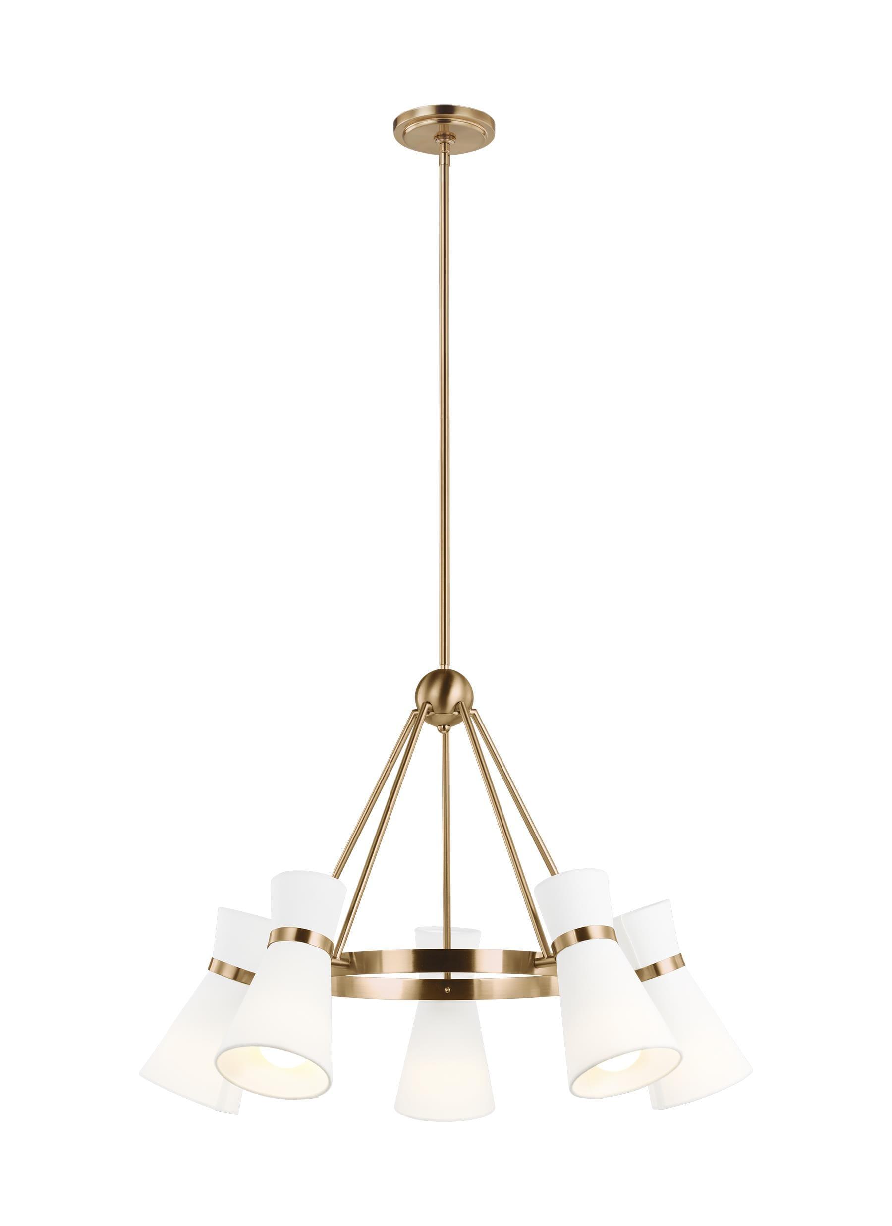 Satin Brass 5-Light Chandelier with White Linen Shades