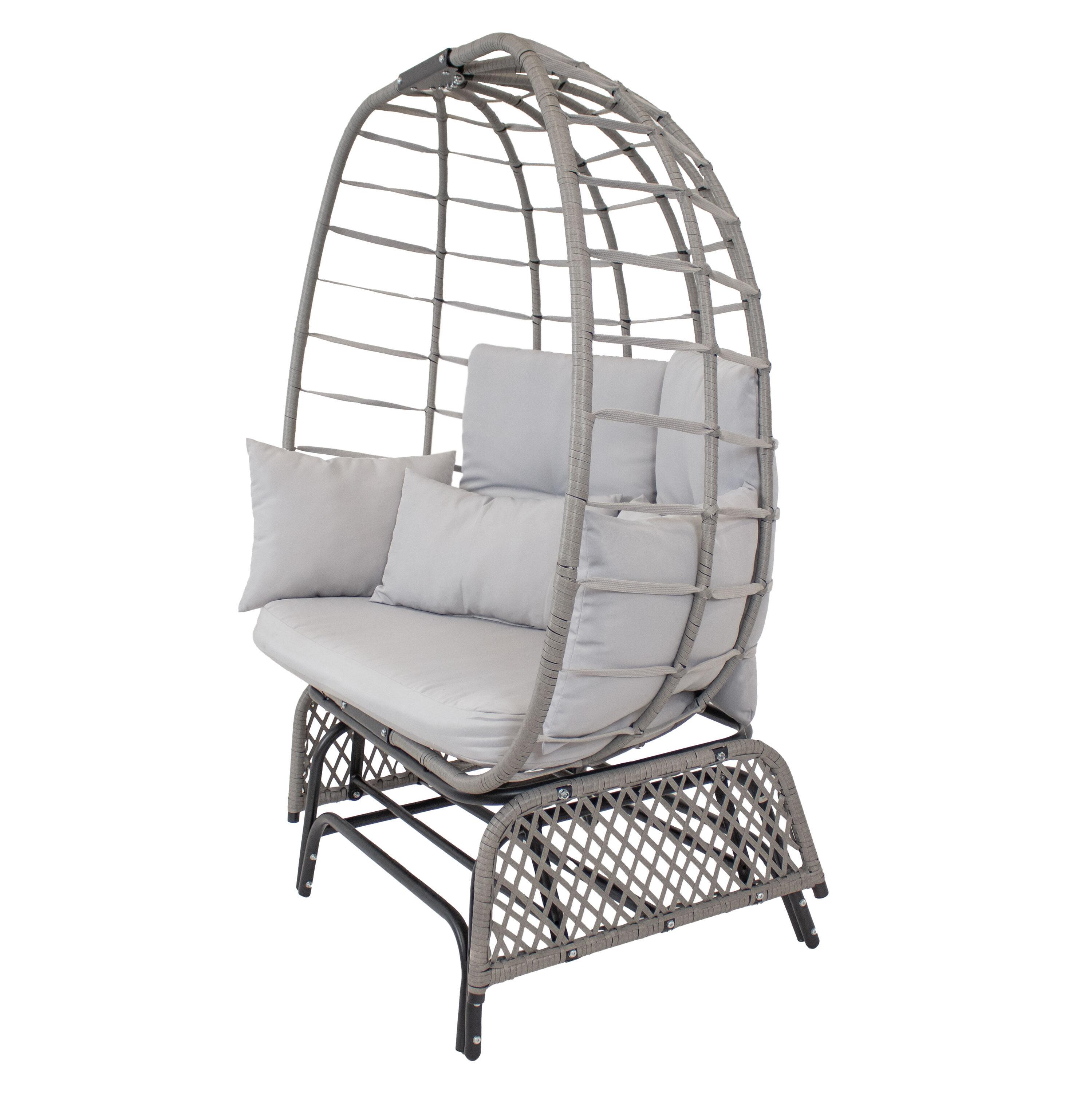 Sunnydaze Outdoor Polyrattan Double Egg Chair Glider with Cushions and Pillows - Gray