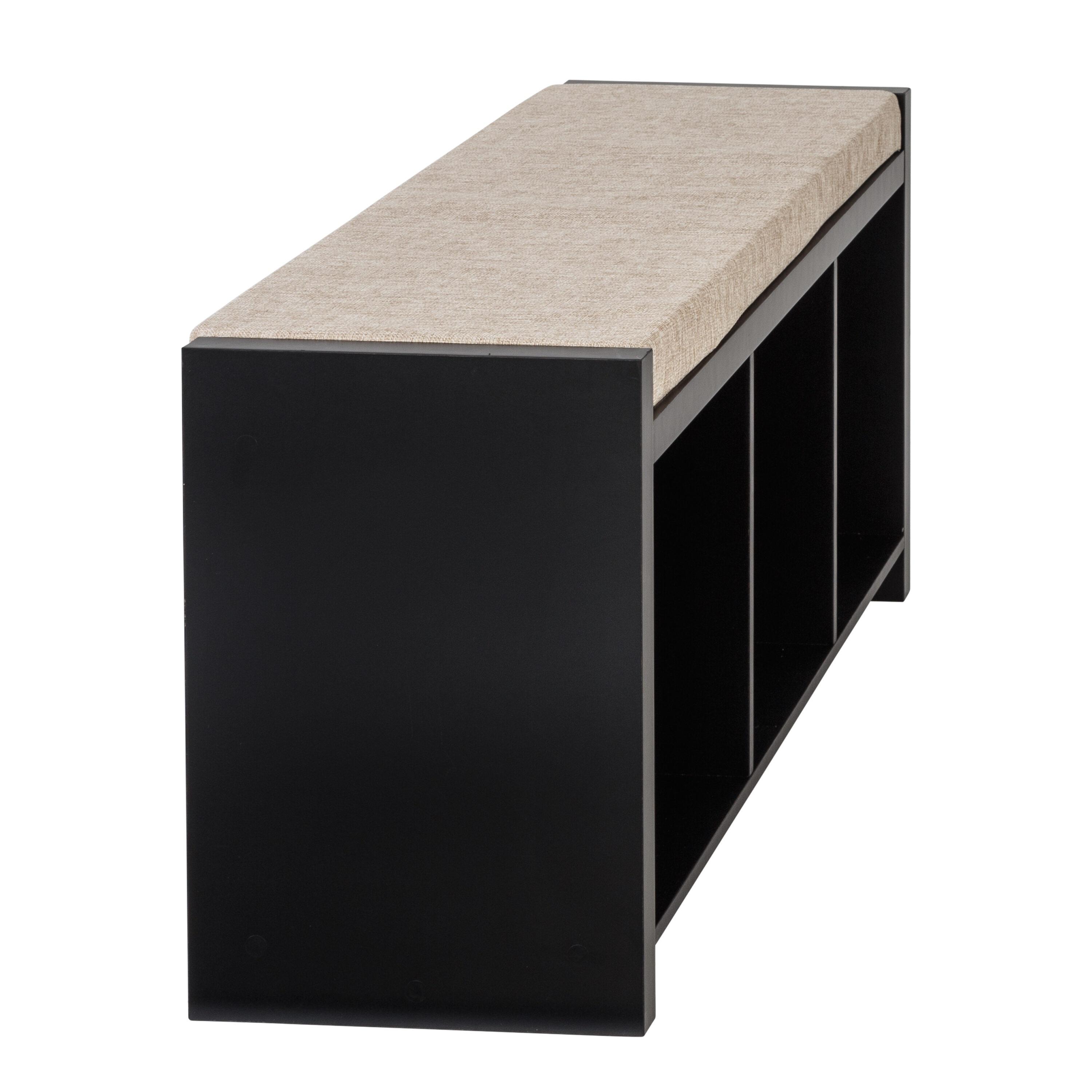 Honey-Can-Do Wood 3-Cubby Shoe Storage Organizer Bench with Cushion, Black/Tan