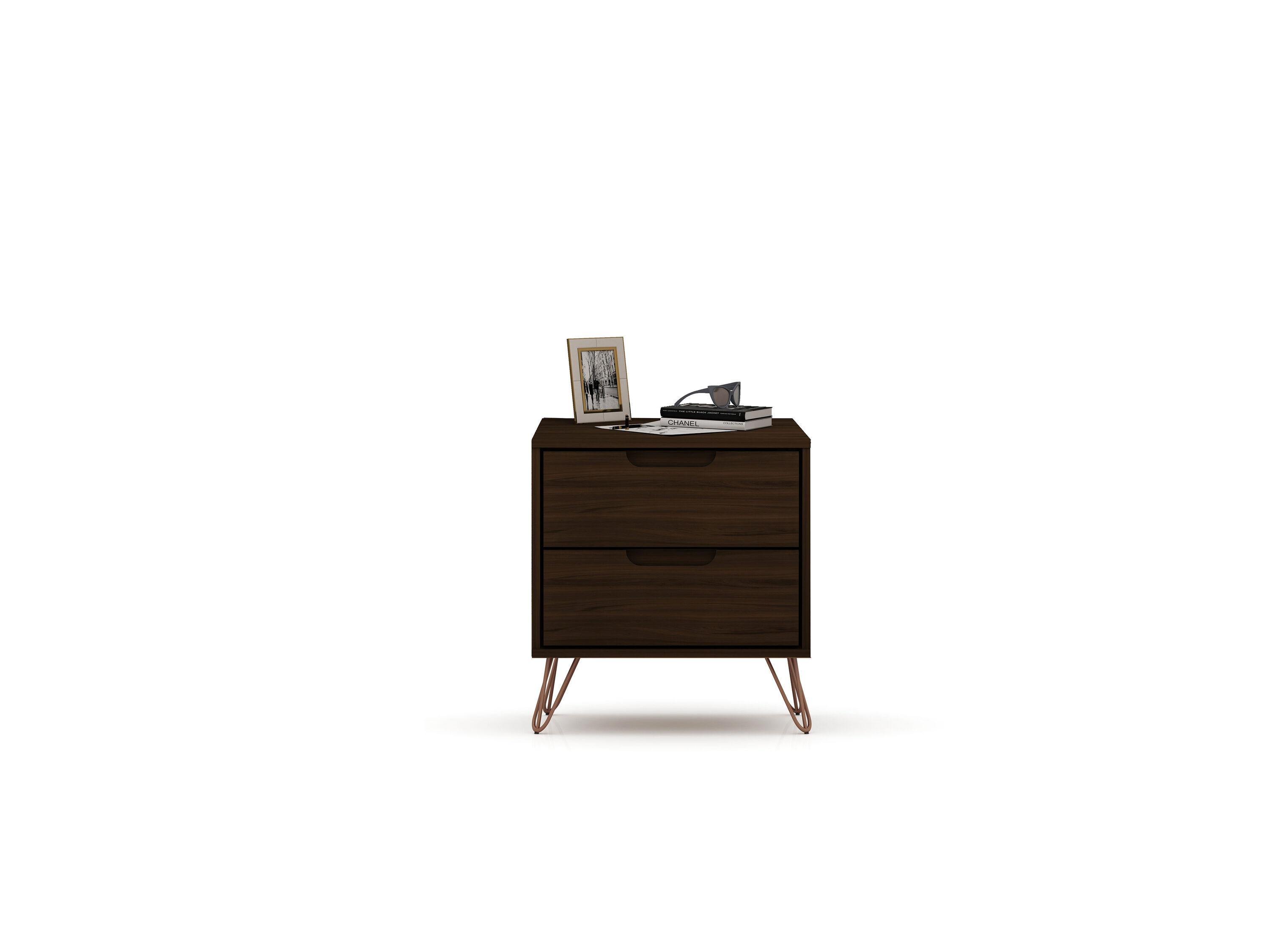 2.0 Rockefeller Nightstand Brown - Manhattan Comfort: Modern Bedside Table with Metal Legs & Storage