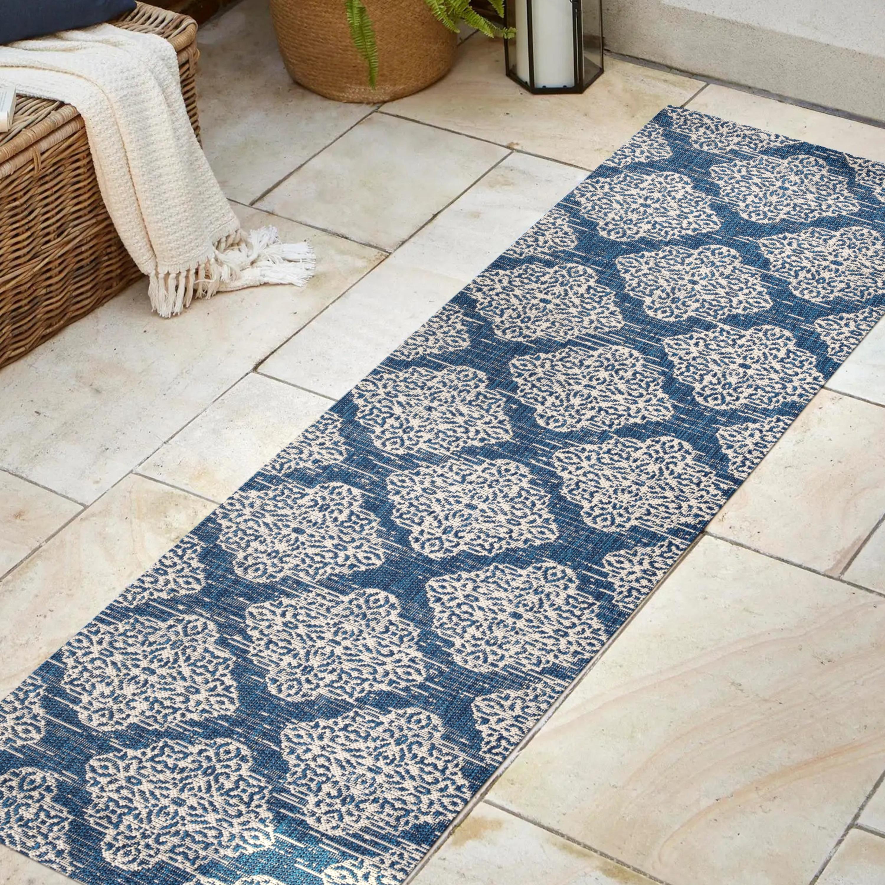 JONATHAN Y SMB121A-28 Tuscany Ornate Medallions Navy/Beige 2 ft. x 8 ft. Indoor/Outdoor Runner Rug, Casual, Pet Friendly, Stain Resistant, Easy to Clean, for Patio, Living Room; Kitchen, Bedroom