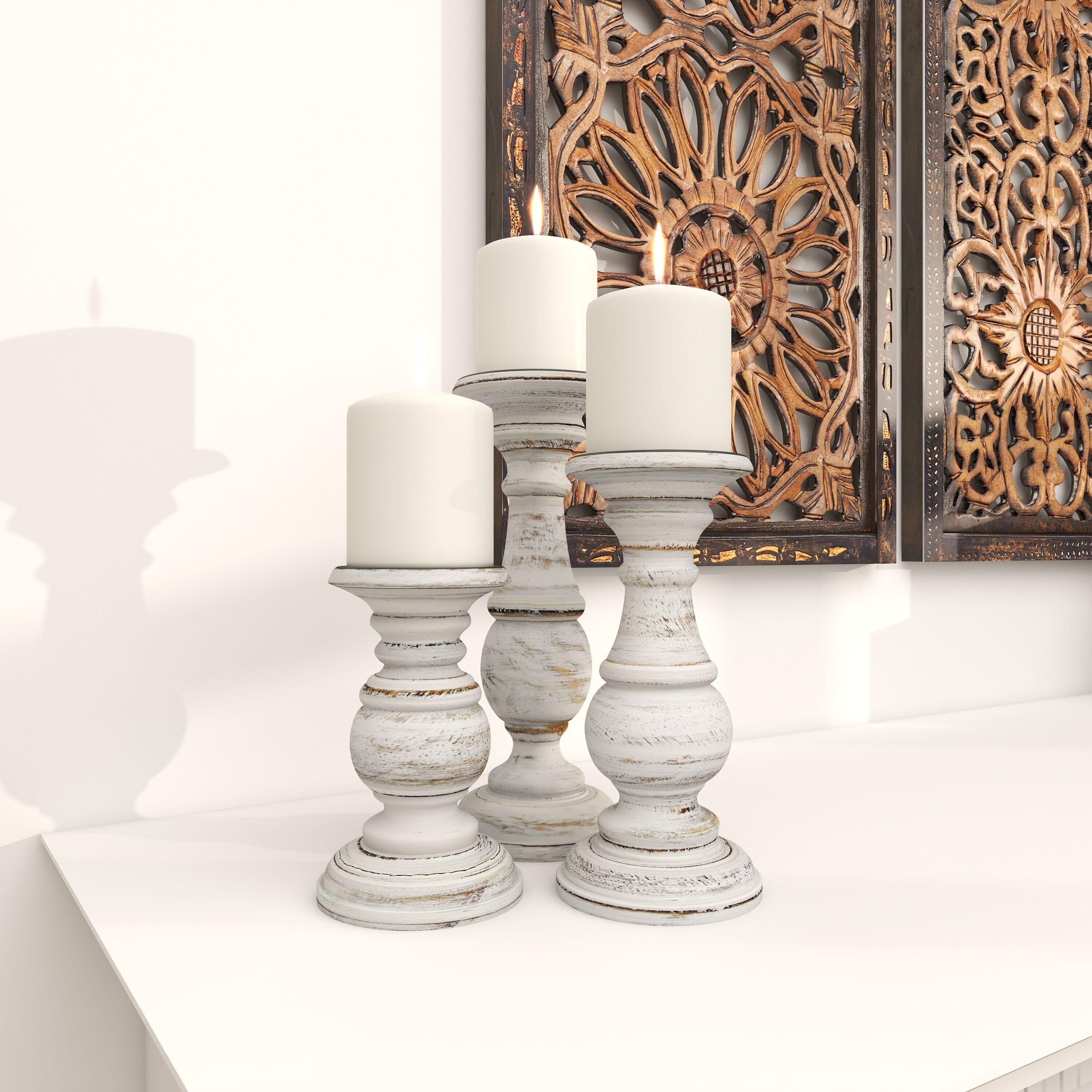 Set of 3 Rustic Pillar Candle Holder White - Olivia & May: Elegant Mango Wood, Sturdy Base, Indoor Use