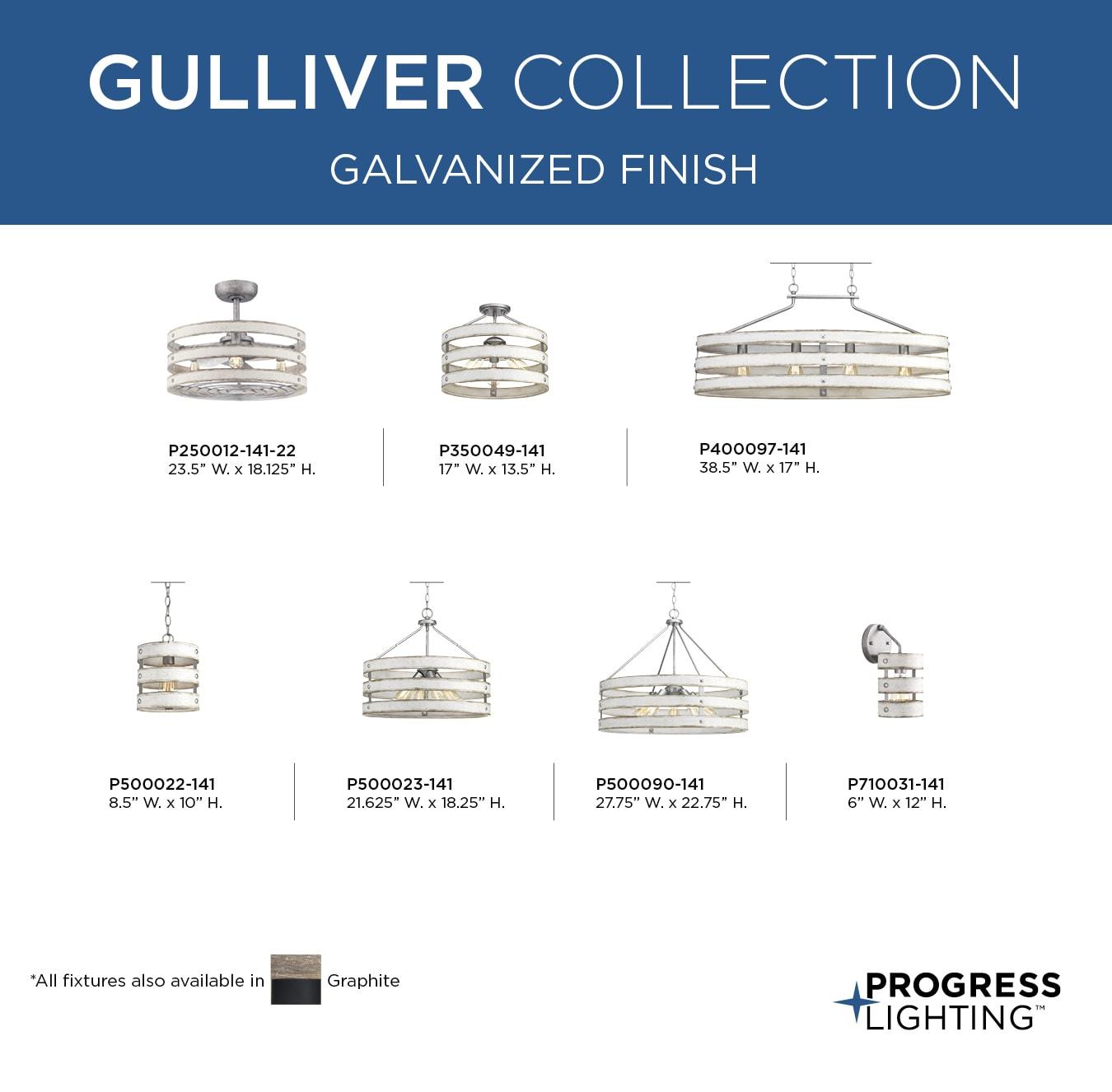 Progress Lighting Gulliver 4-Light Semi-Flush Galvanized Ceiling Light, Wood Grained Texture Shade