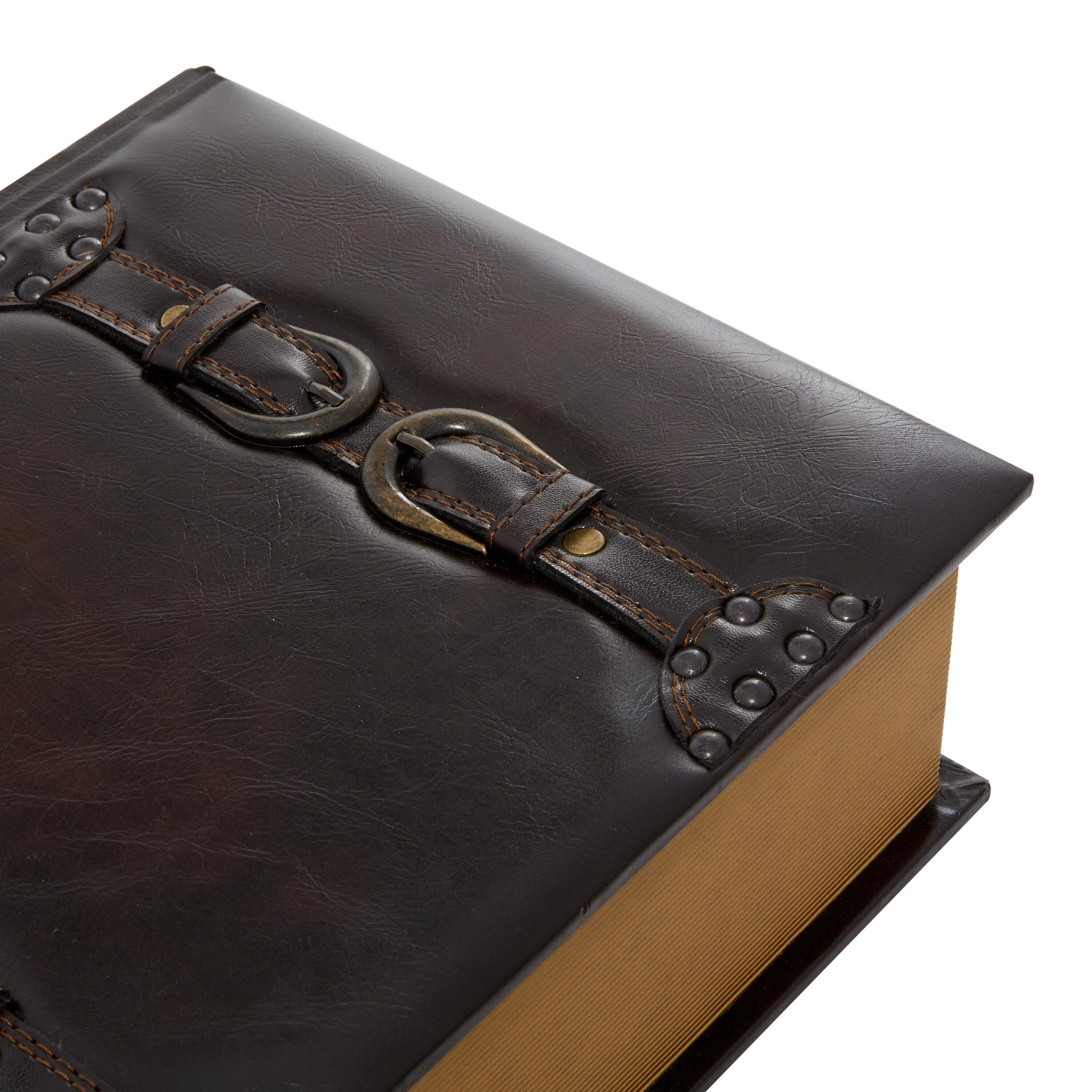 DecMode Vintage Faux Book Storage Dark Brown Faux Leather Decorative Box with Gold Buckle Accents, 3 Count