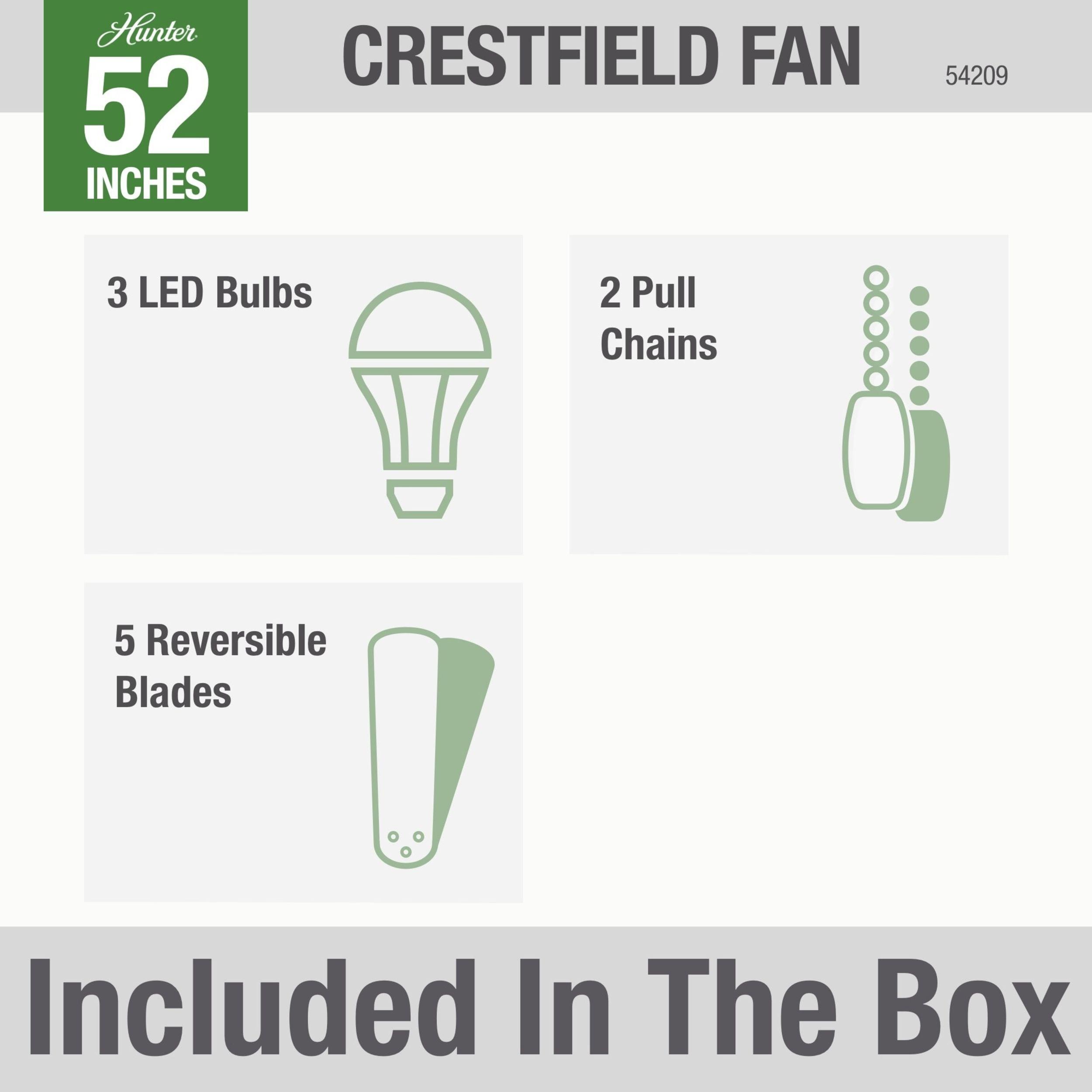 52" Crestfield Low Profile Ceiling Fan (Includes LED Light Bulb) Brushed Nickel - Hunter Fan: 5-Blade, 3-Speed, Flush Mount, Reversible Motor