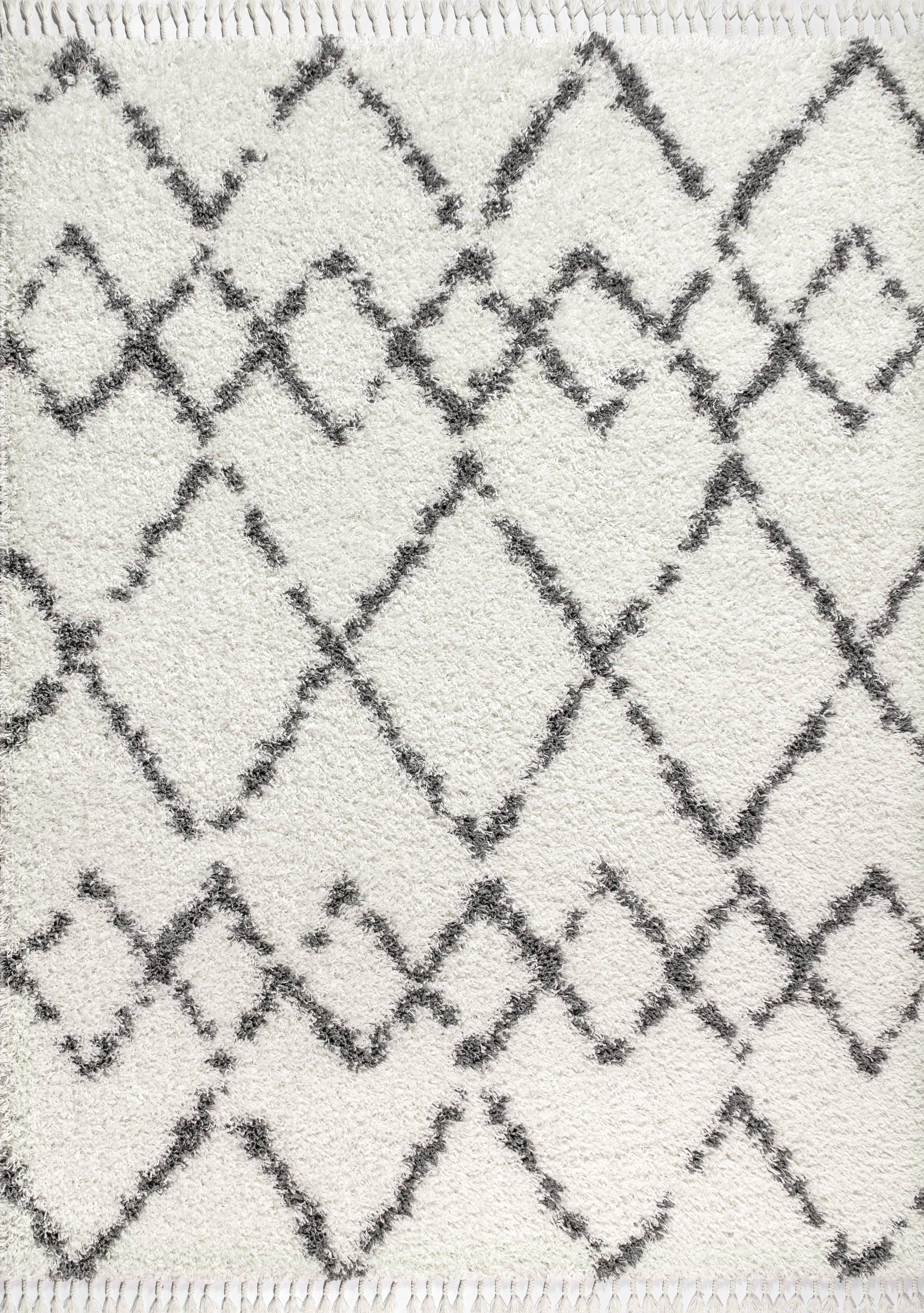 8'x10' Mercer Shag Plush Tassel Moroccan Geometric Trellis Area Rug, Cream/Grey - JONATHAN Y