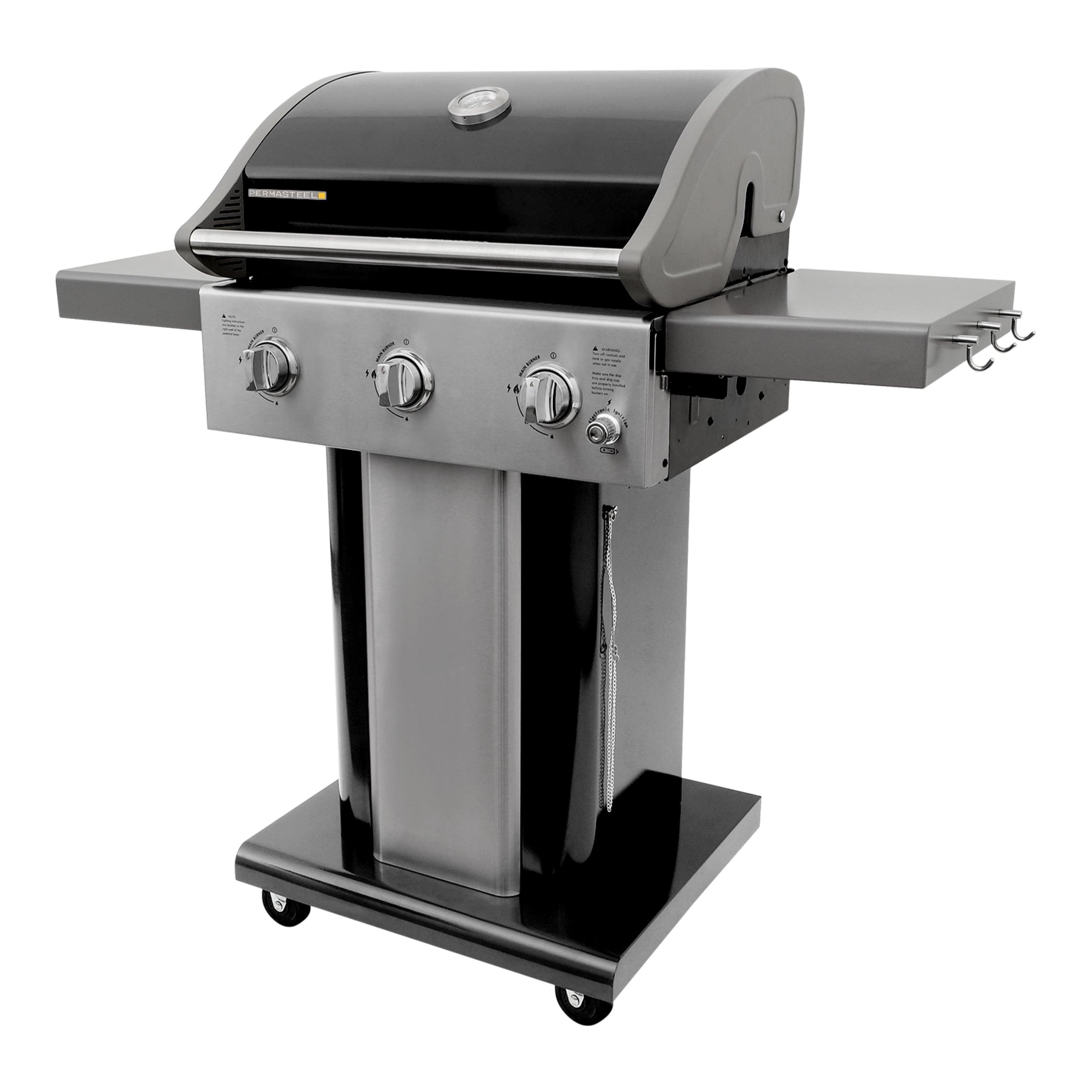 Permasteel 3-Burner Compact Propane Gas Grill with Foldable Side Tables and Grilling Tool Hooks