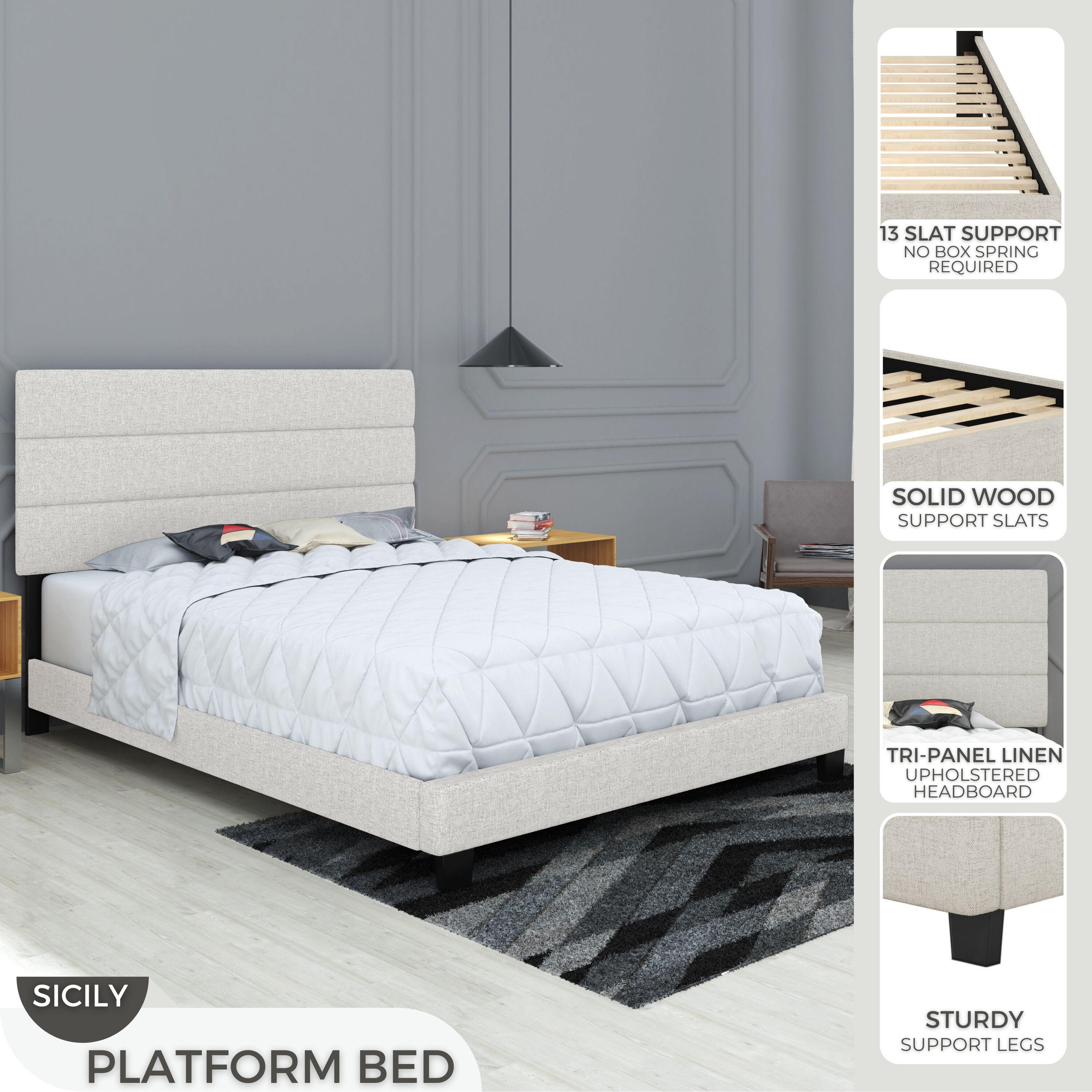 Boyd Sleep Boyd Sleep Sicily Upholstered Linen Tri Panel Platform Bed Frame with Adjustable Height Headboard, Sturdy 13 Slat Support System, No Box Spring Required