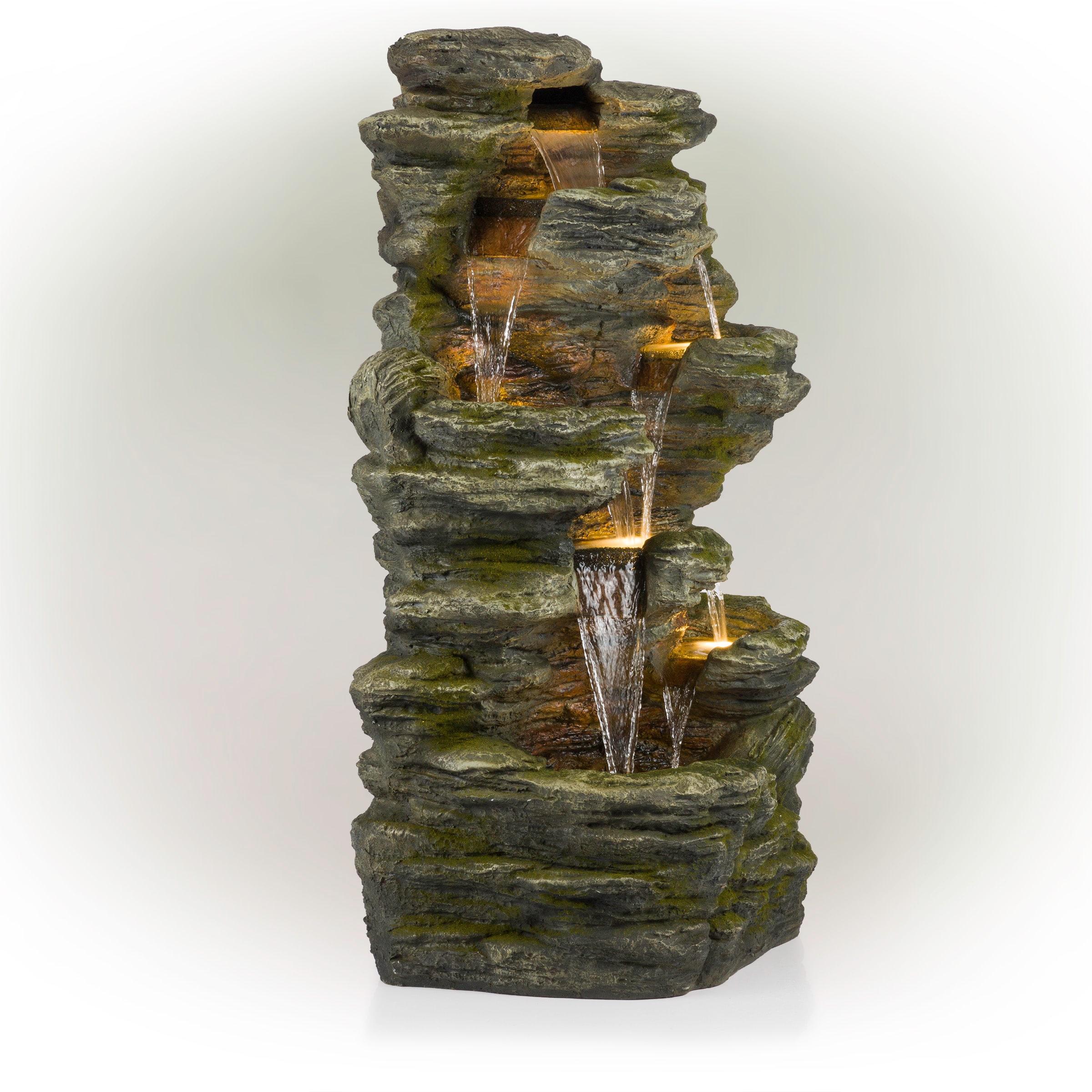 51" Resin Rock Cascading Fountain with LED Lights Gray - Alpine Corporation: Waterfall Feature, Birdbath