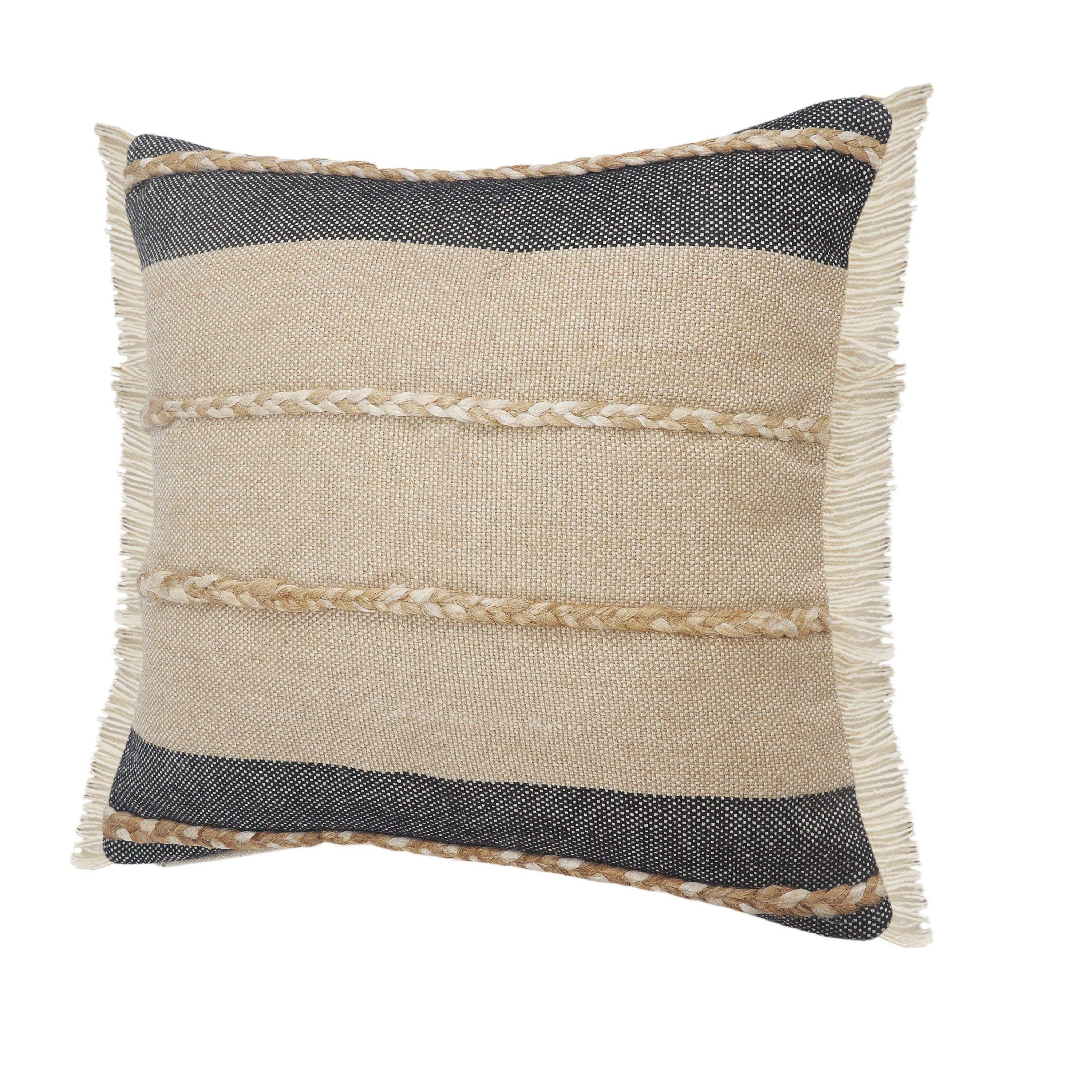 Desert Fields Atlantis Black and Taupe Throw Pillow with Jute Braiding and Fringe