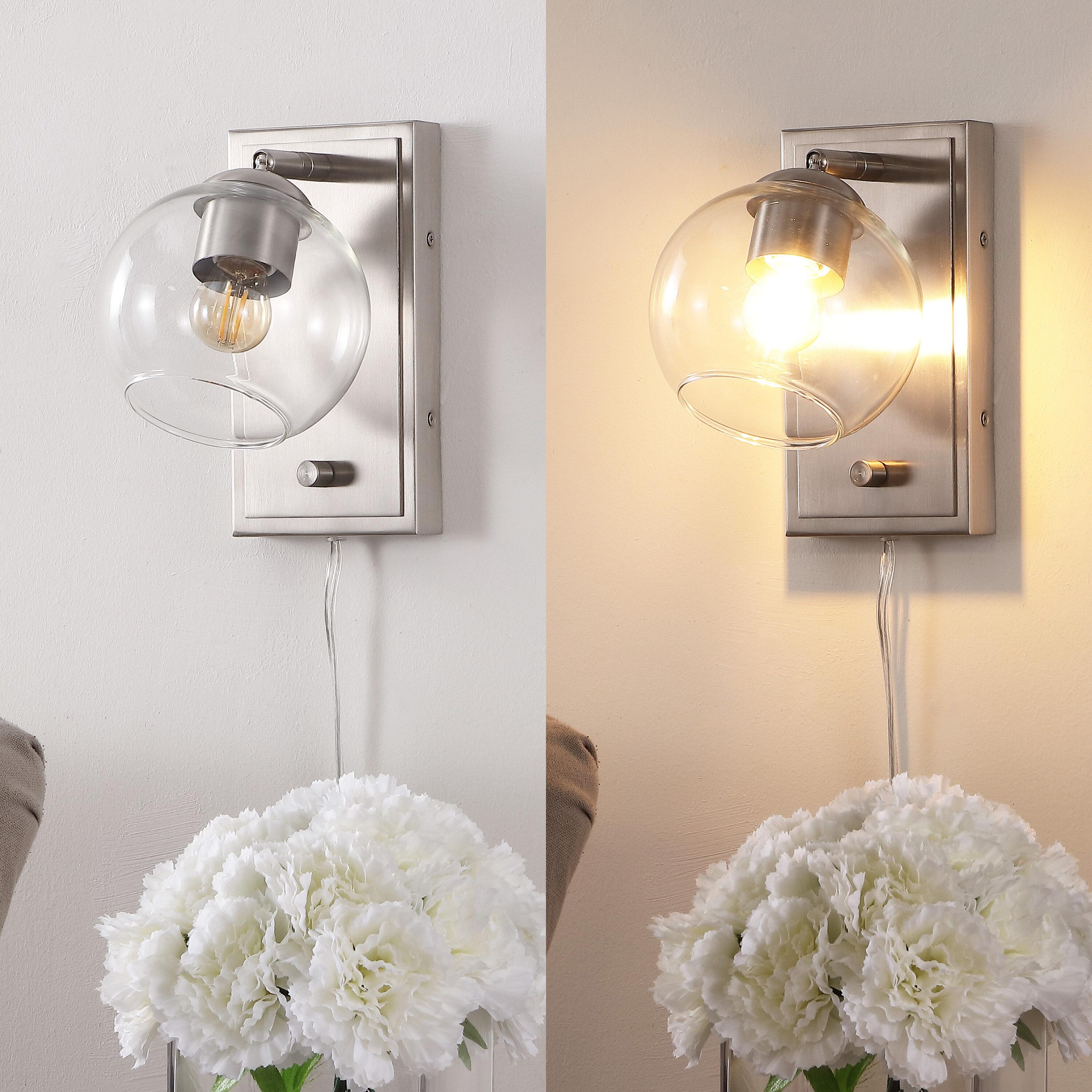 Hugo 6" 1-Light Minimalist Modern Plug-In or Hardwired Adjustable Iron LED Wall Sconce with Rotary Dimmer, Nickel with Clear Globe