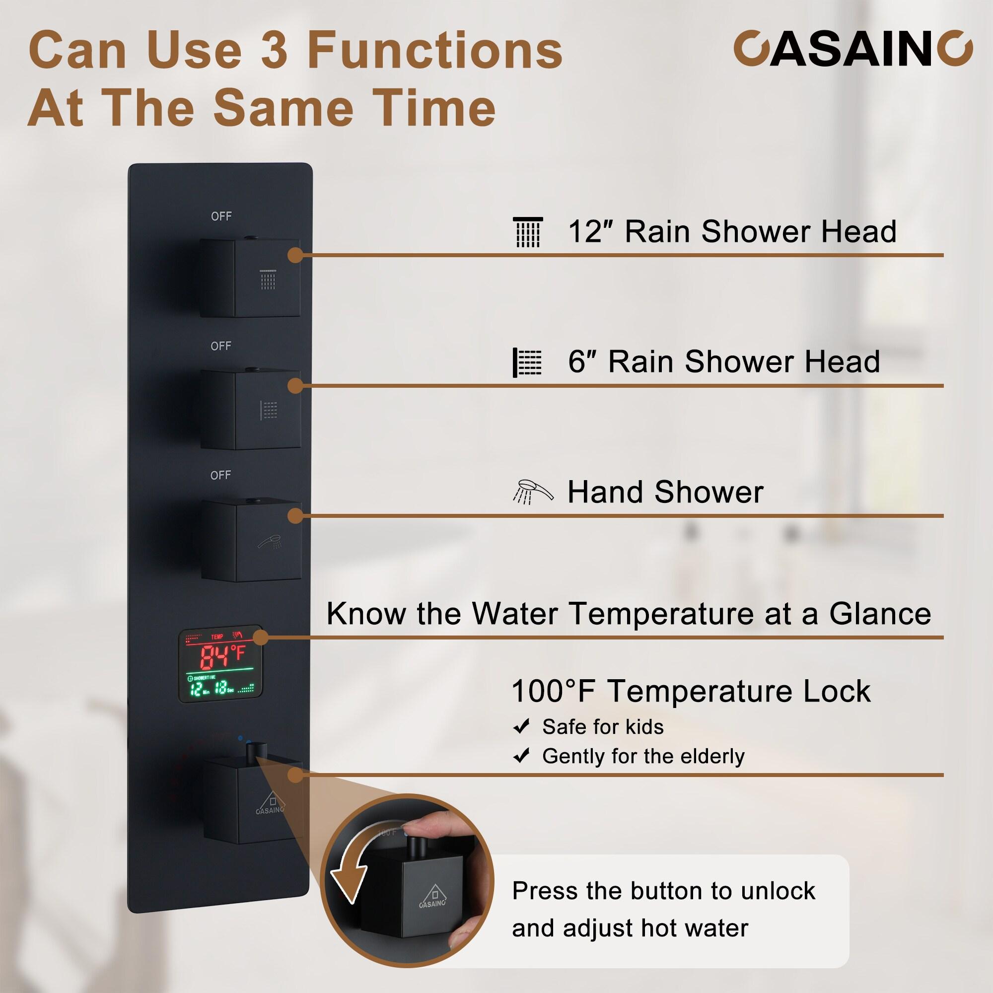 Rainfall Symphony 12" Flush Mount Rainfall Temperature Display Thermostatic Shower System with 64 Color LED and Music