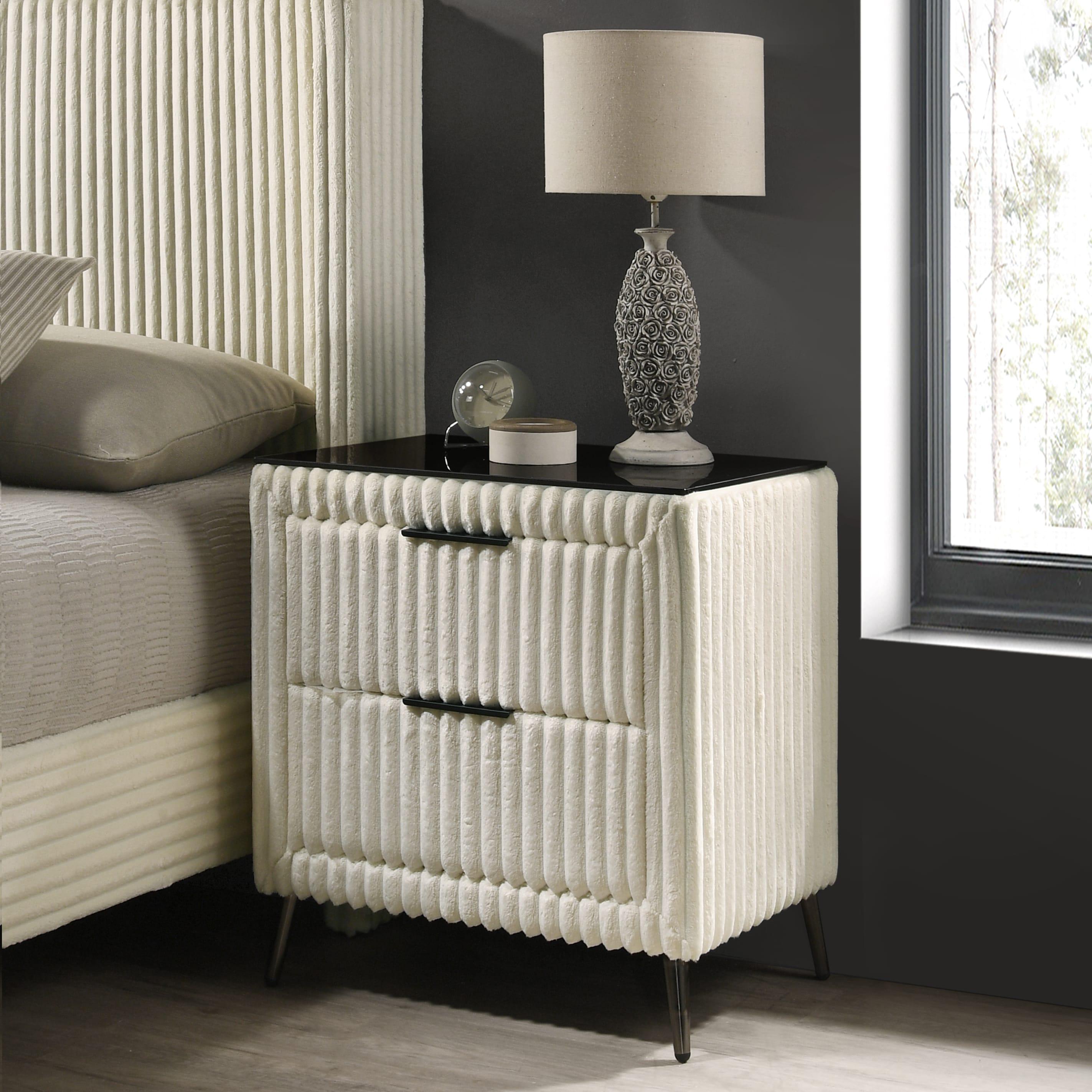 Roundhill Furniture Mavela Wide-wale Corduroy Upholstery Panel Bed with 2 Nightstands and Bench Cream Queen