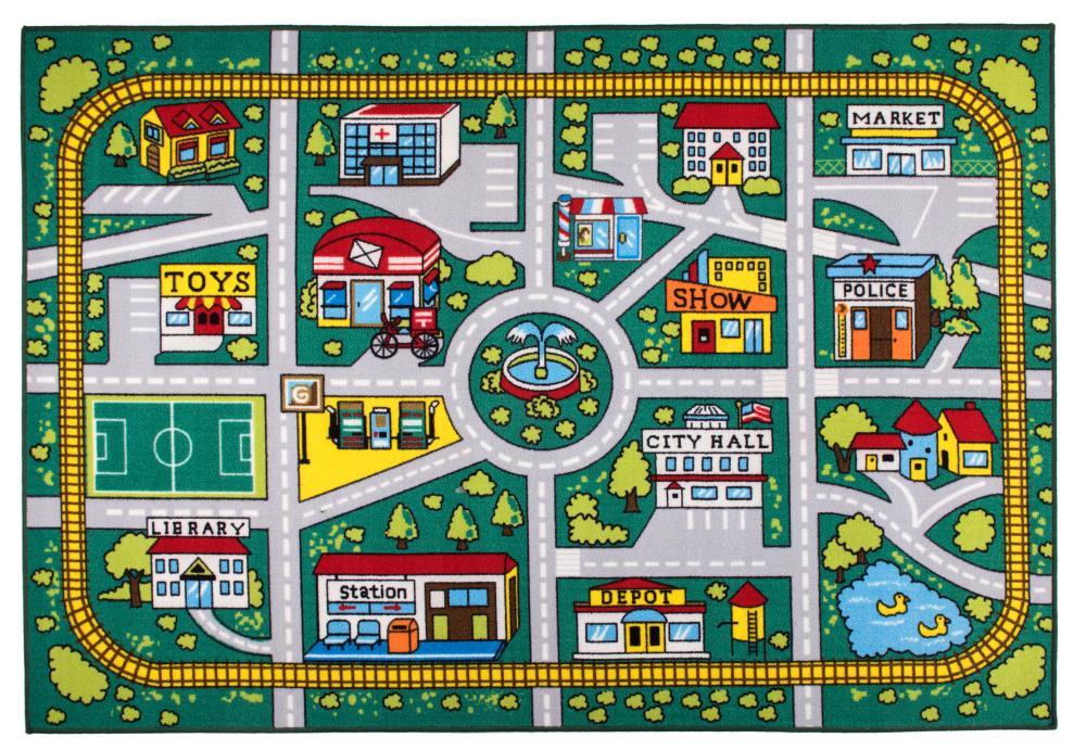 World Rug Gallery Kids Educational Learning City Life Road Non Slip Area Rug - Green 5' x 7'