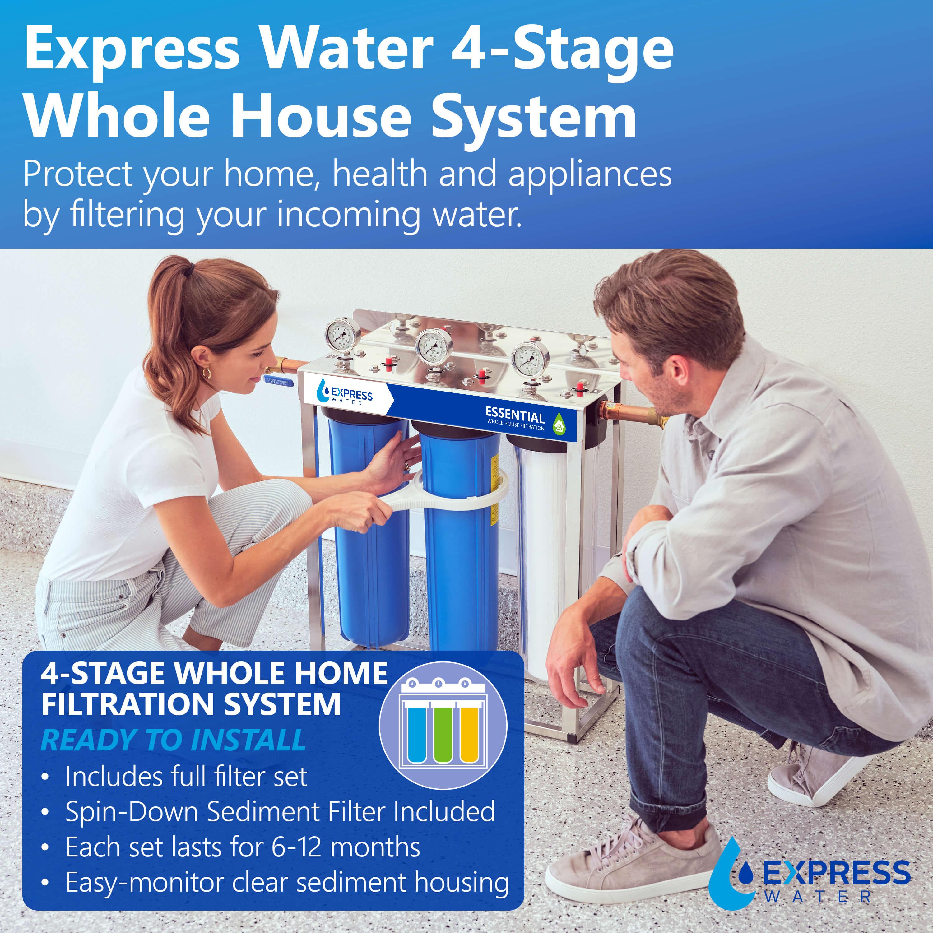 Express Water Whole House Water Filter – 3 Stage Home Water Filtration System – Sediment, Charcoal, Carbon Filters – includes Pressure Gauges, Easy Release, and 1” Inch Connections
