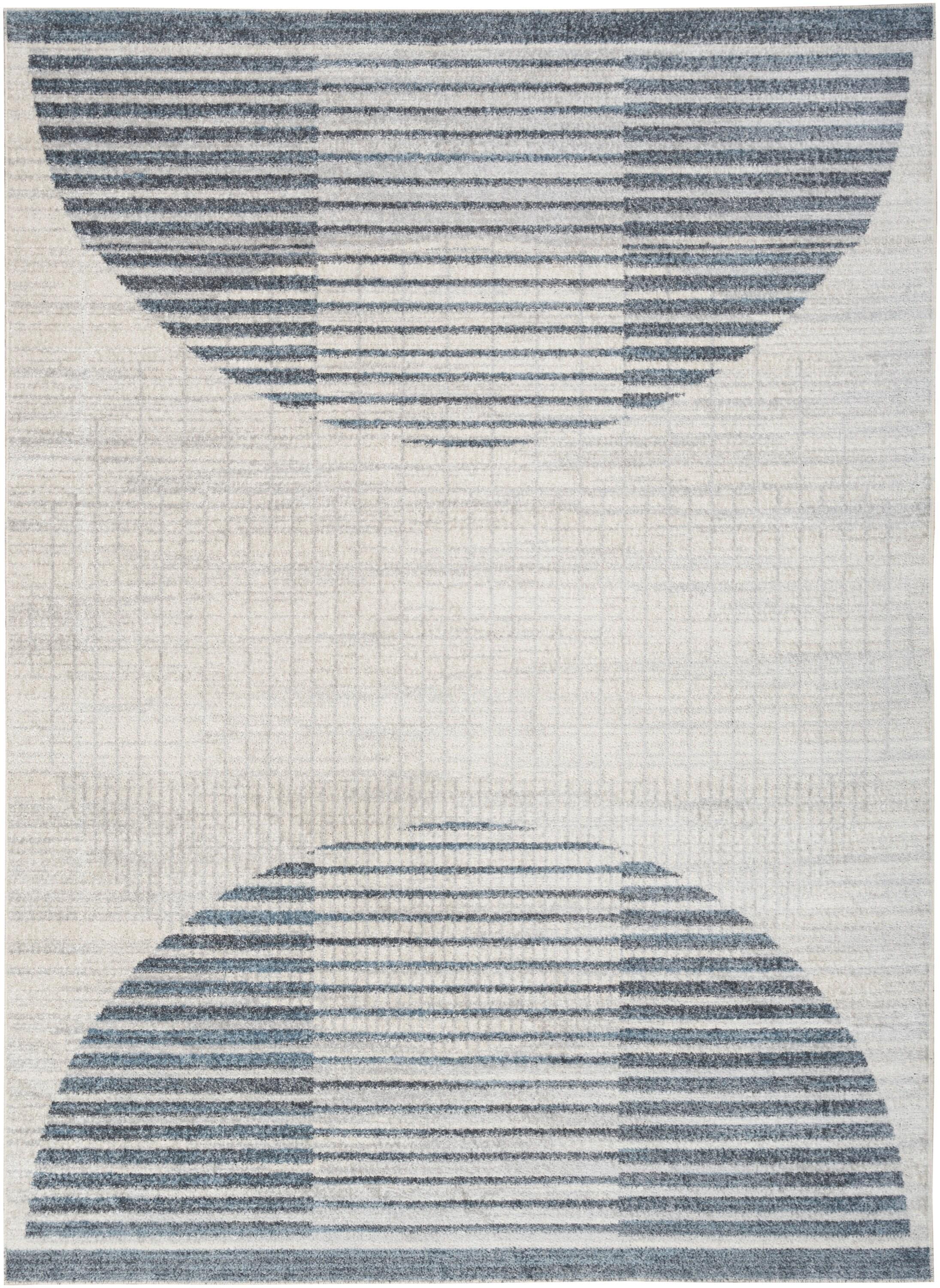 Nourison Astra Machine Washable Semi Circles Mid-Century Modern Indoor Rug Ivory Blue 5'3" x 7'