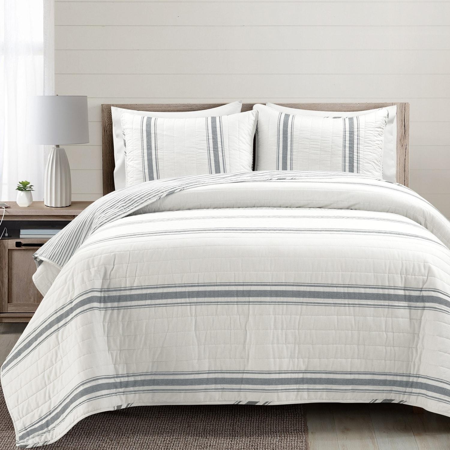 3pc Full/Queen Farmhouse Striped Reversible Quilt Bedding Set Dark Gray - Lush Décor: Cotton & Microfiber, Machine Washable