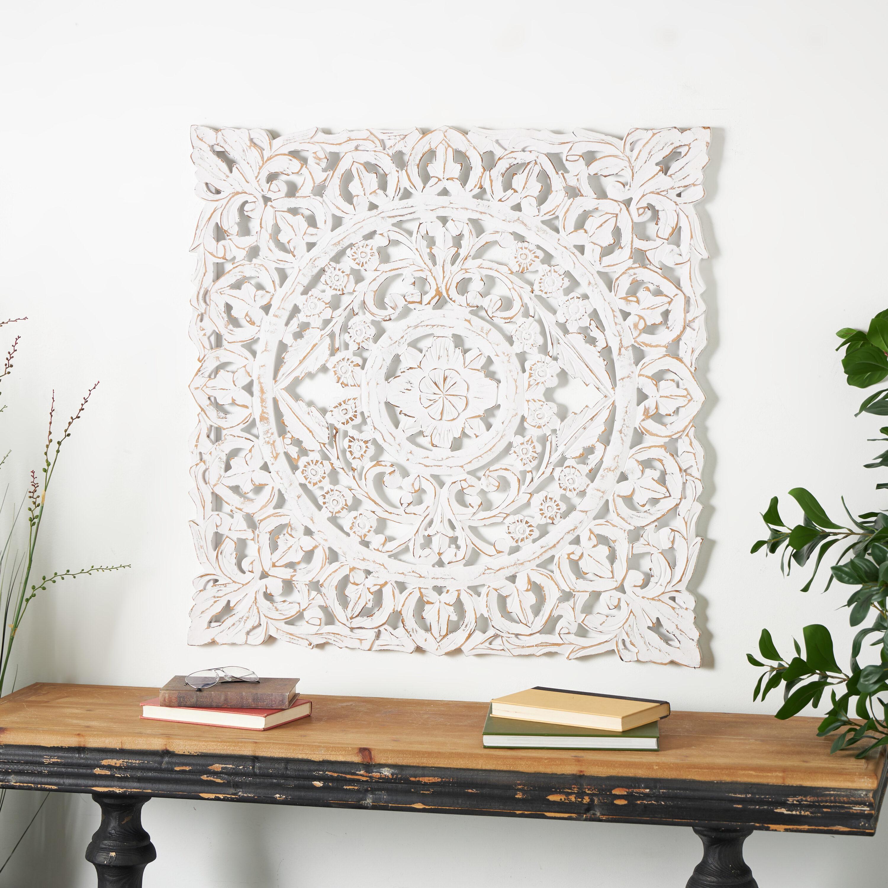 DecMode Traditional Wood Square White Handmade Wall Décor with Carved Mandala Design, 36"W x 36"H