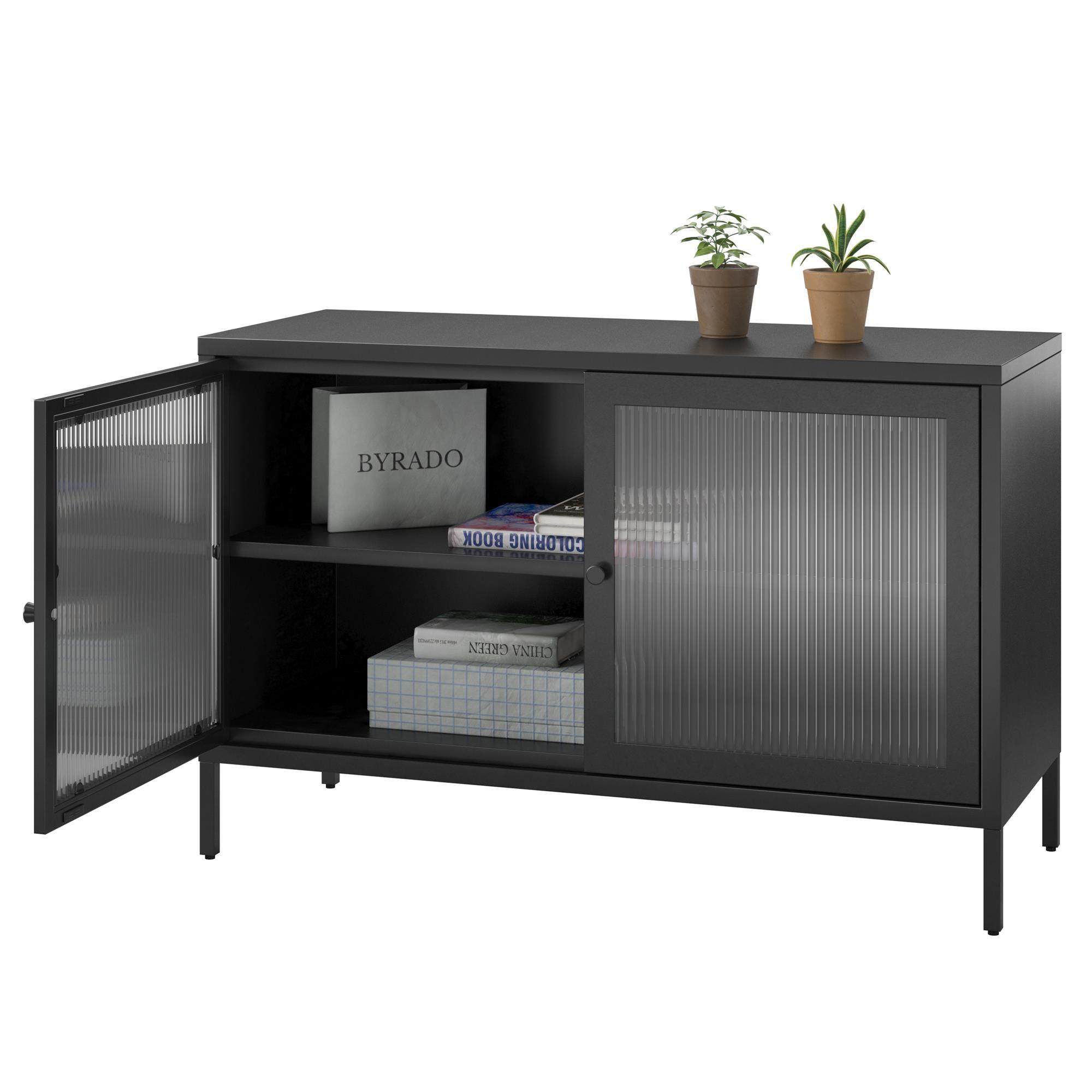 Systembuild Evolution Ashbury Heights 2 Door Storage Cabinet-Fluted Glass Metal Locker, Black