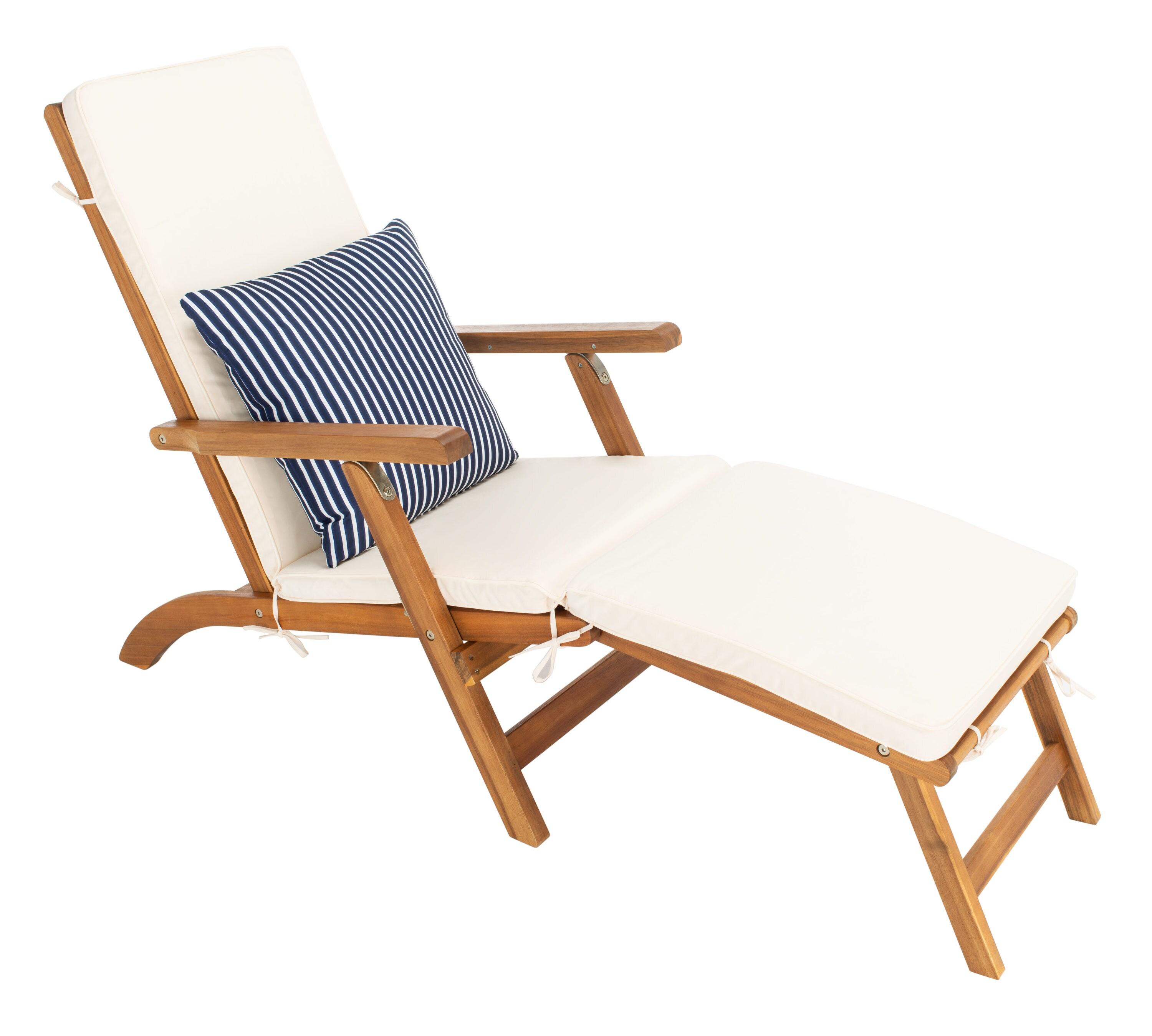 Palmdale Lounge Chair - Outdoor - PAT7015 - Natural/Beige + Blue Stripped Pillow -Safavieh