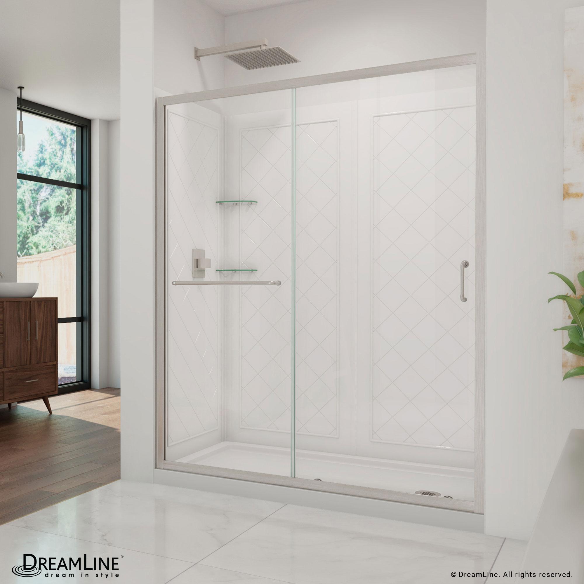 DreamLine Infinity-Z 32 in. D x 60 in. W x 76 3/4 in. H Clear Sliding Shower Door in Brushed Nickel, Right Drain Base, Backwalls