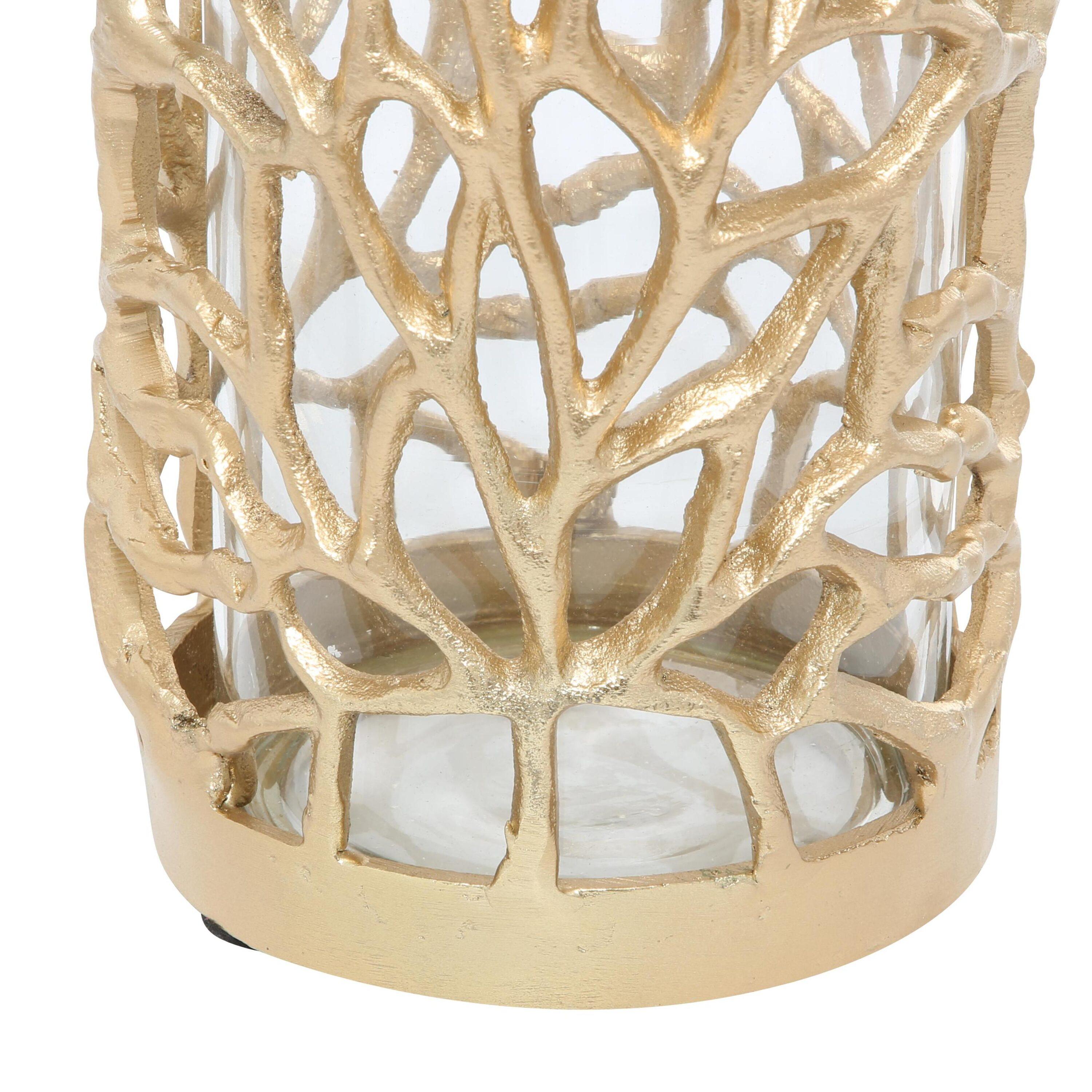 DecMode Gold Aluminum Metal Decorative Candle Lantern with Coral Pattern